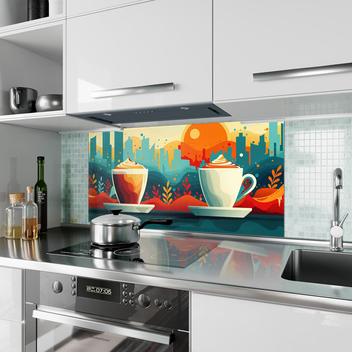 Küchenrückwand aus Glas Kaffee mit Stadtblick im Hochformat als Spritzschutz hinter dem Kochfeld, über dem Fliesenspiegel montiert