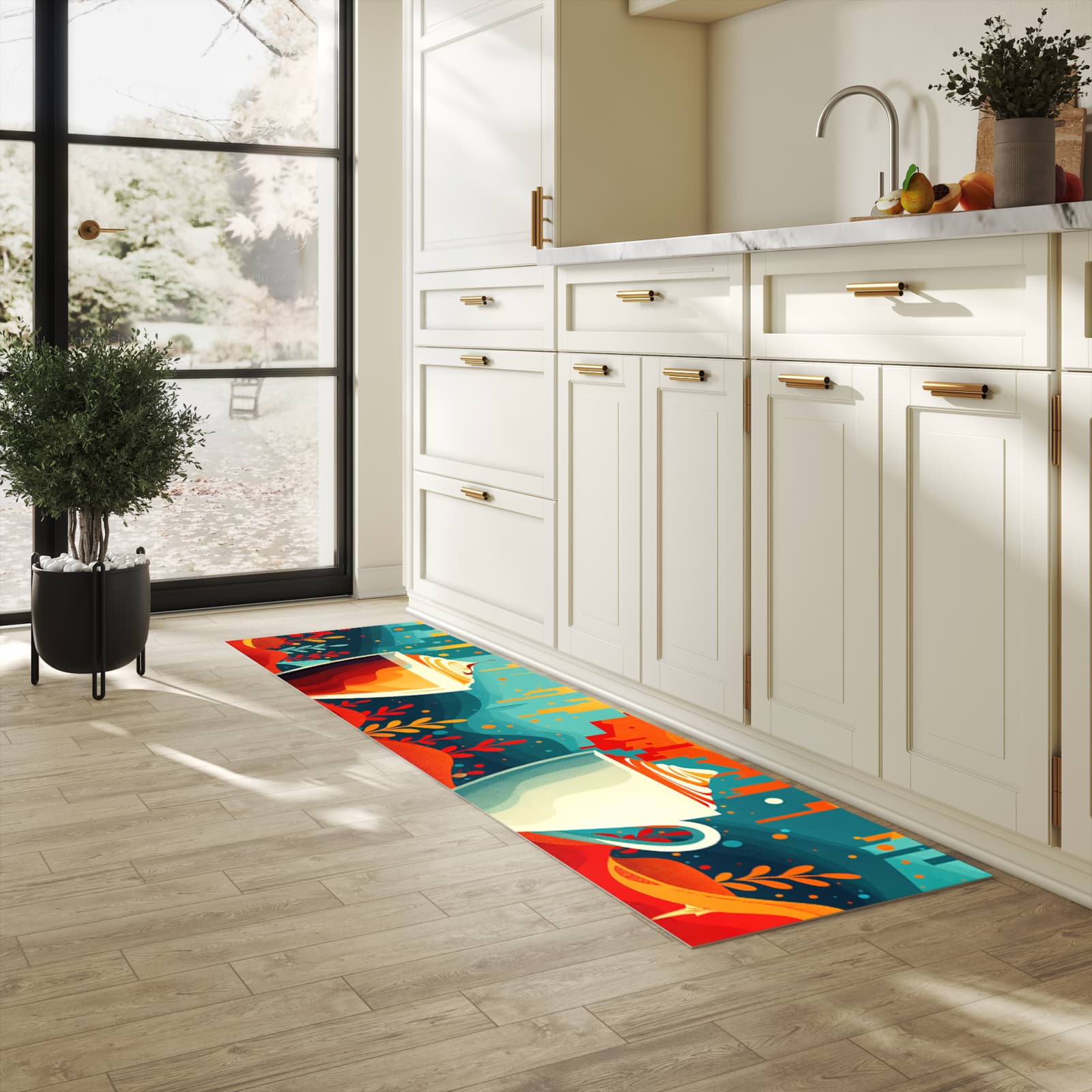 Geräuschdämpfender Küchenläufer mit Motiv Kaffee Am Abend in heller Küche