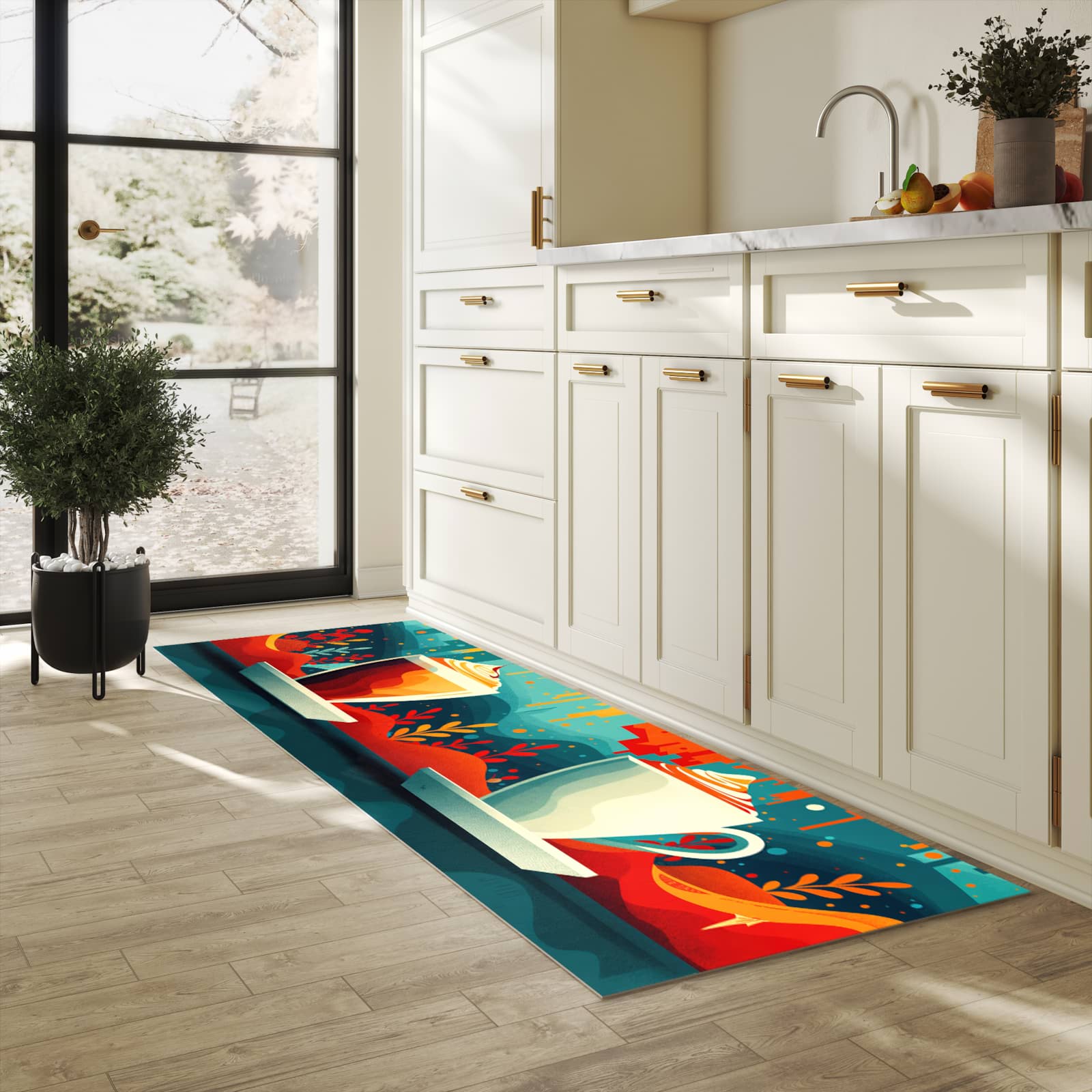 Fleckenresistenter Küchenläufer mit Motiv Kaffee Am Abend in heller Küche