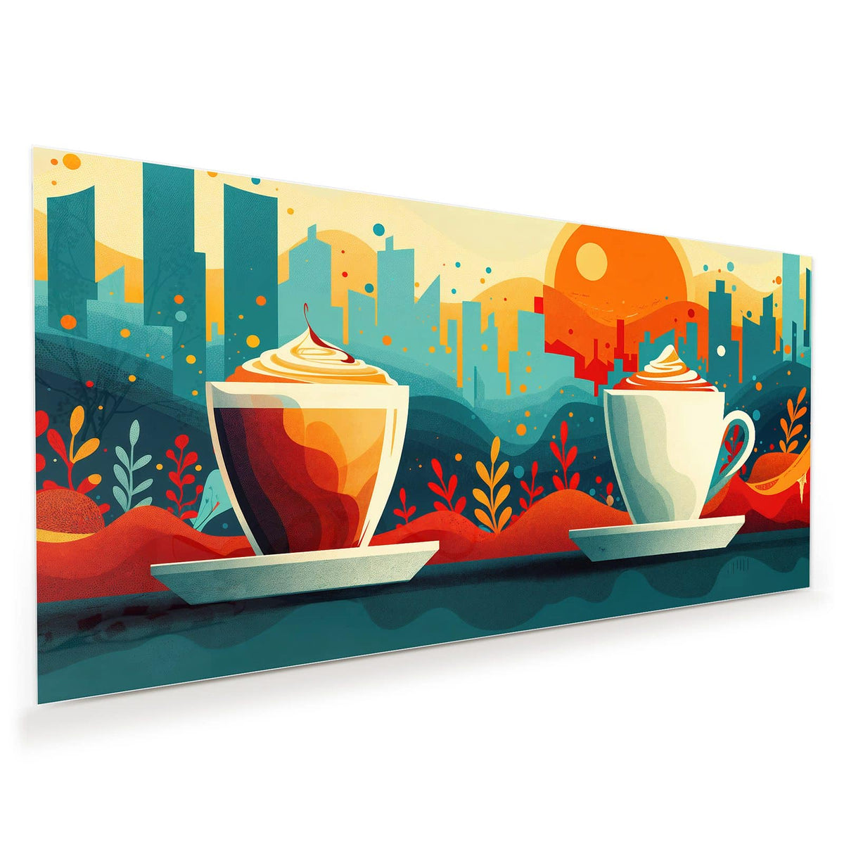 Retro-Illustration: eine Tasse mit Sahnehaube vor Stadtsilhouette und großer oranger Sonne