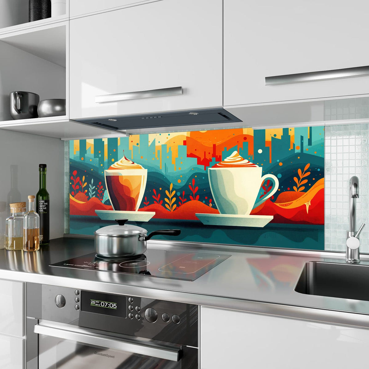 Küchenrückwand aus Glas Kaffee mit Stadtblick im Hochformat als Spritzschutz hinter dem Kochfeld, über dem Fliesenspiegel montiert