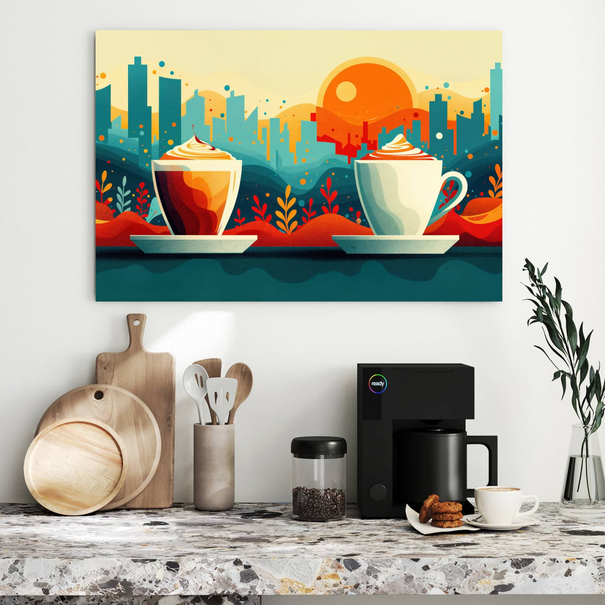 Metall Magnettafel - Kaffee mit Stadtblick – Kaffeetasse vor Stadt und Sonne
