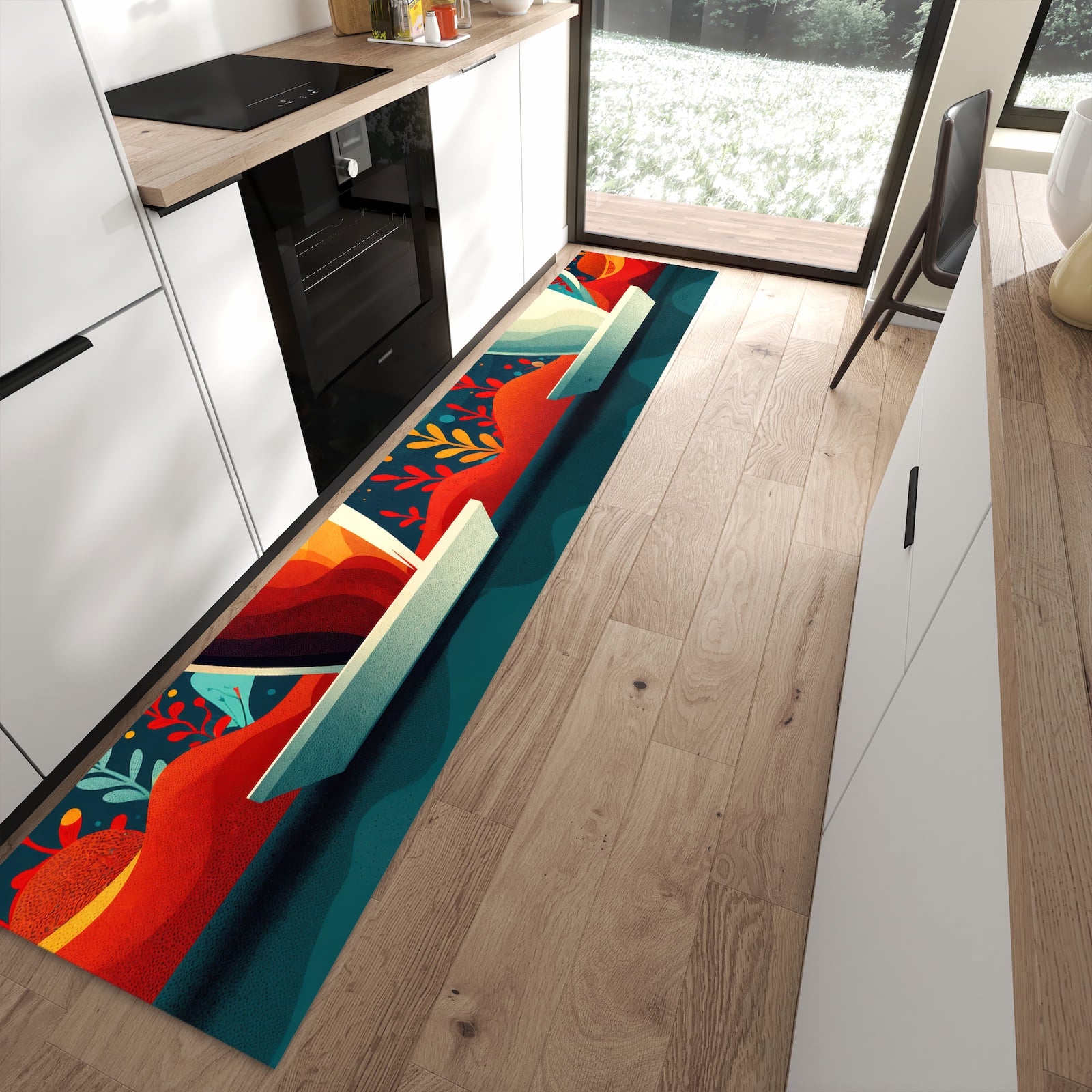 Komfortabler Küchenteppich mit Motiv Kaffee Am Abend in moderner Küche