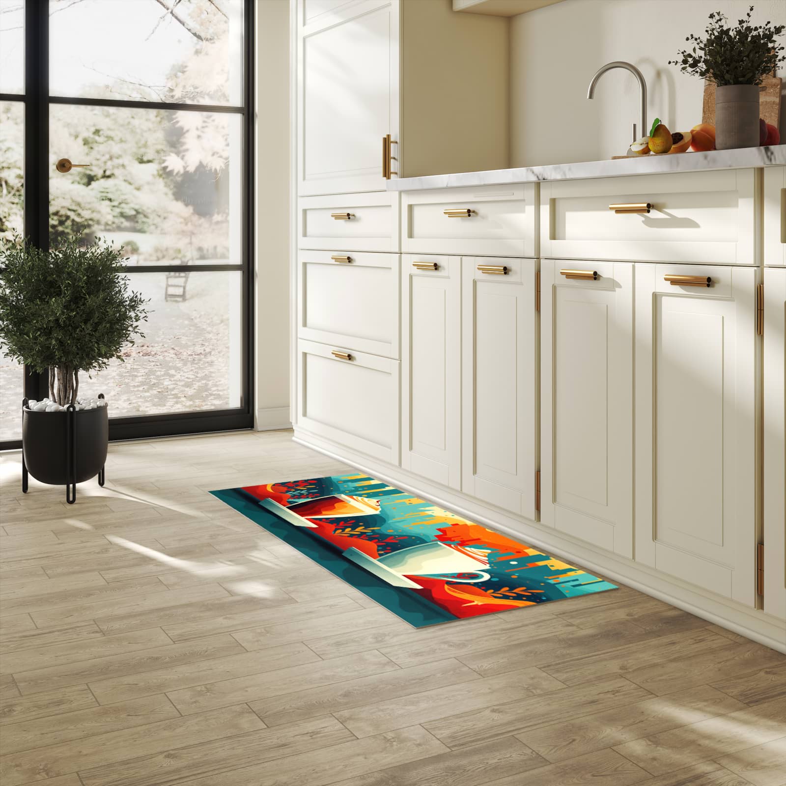 Küchenläufer mit Motiv Kaffee Am Abend in heller Küche für sichere Aufbewahrung