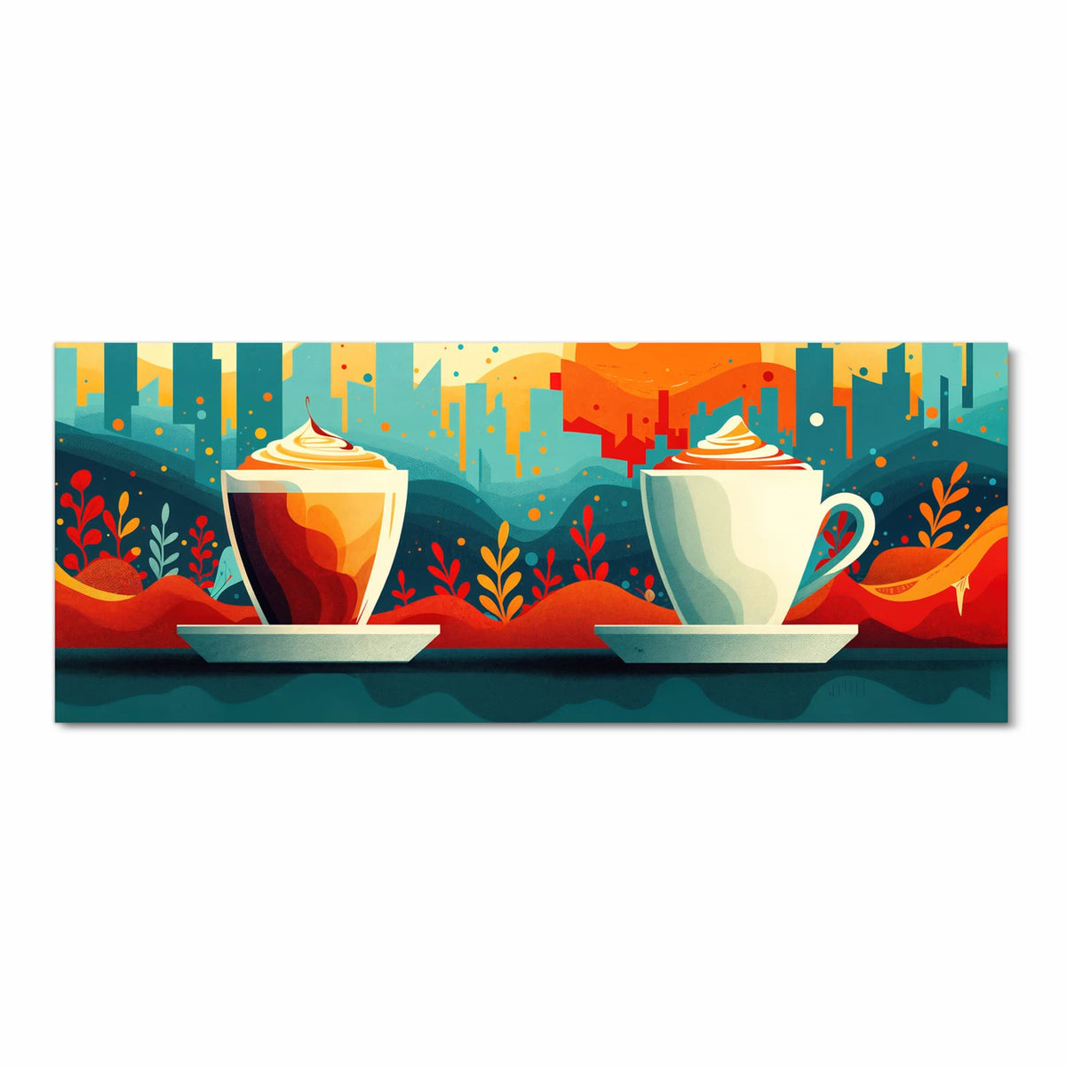 Retro-Illustration: eine Tasse mit Sahnehaube vor Stadtsilhouette und großer oranger Sonne