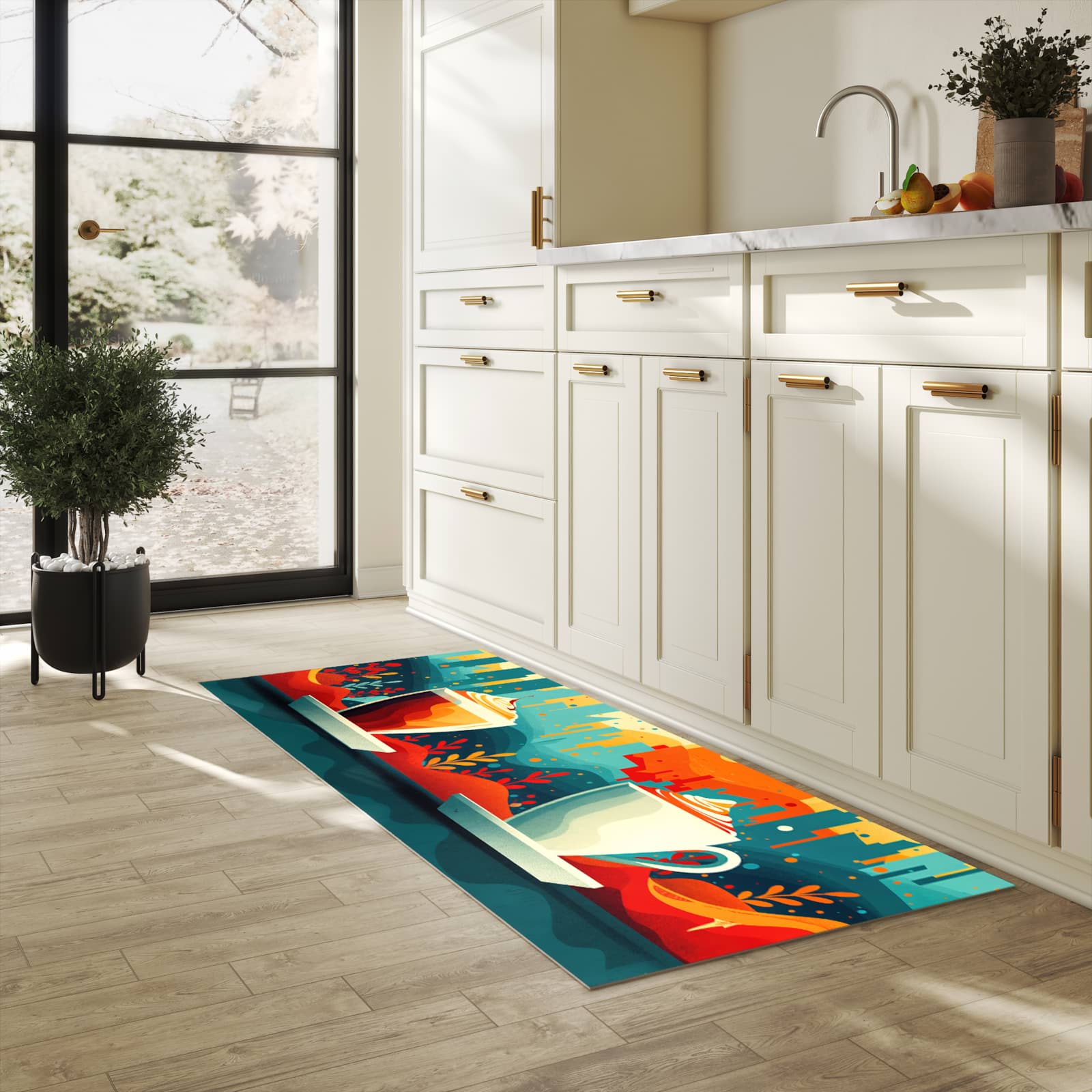 Wasserabweisender Küchenläufer mit Motiv Kaffee Am Abend in heller Küche