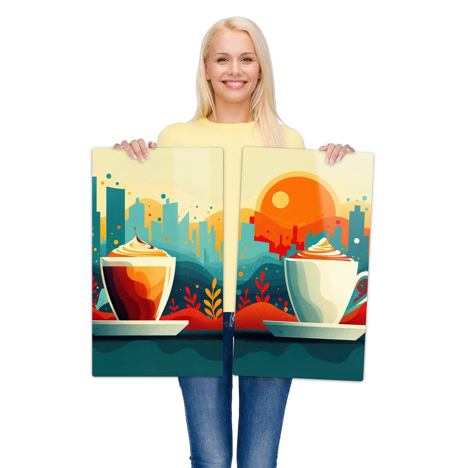 2-teilige Herdabdeckung für Induktionsfeld mit Kaffee Am Abend-Motiv wird zur Größendarstellung gehalten