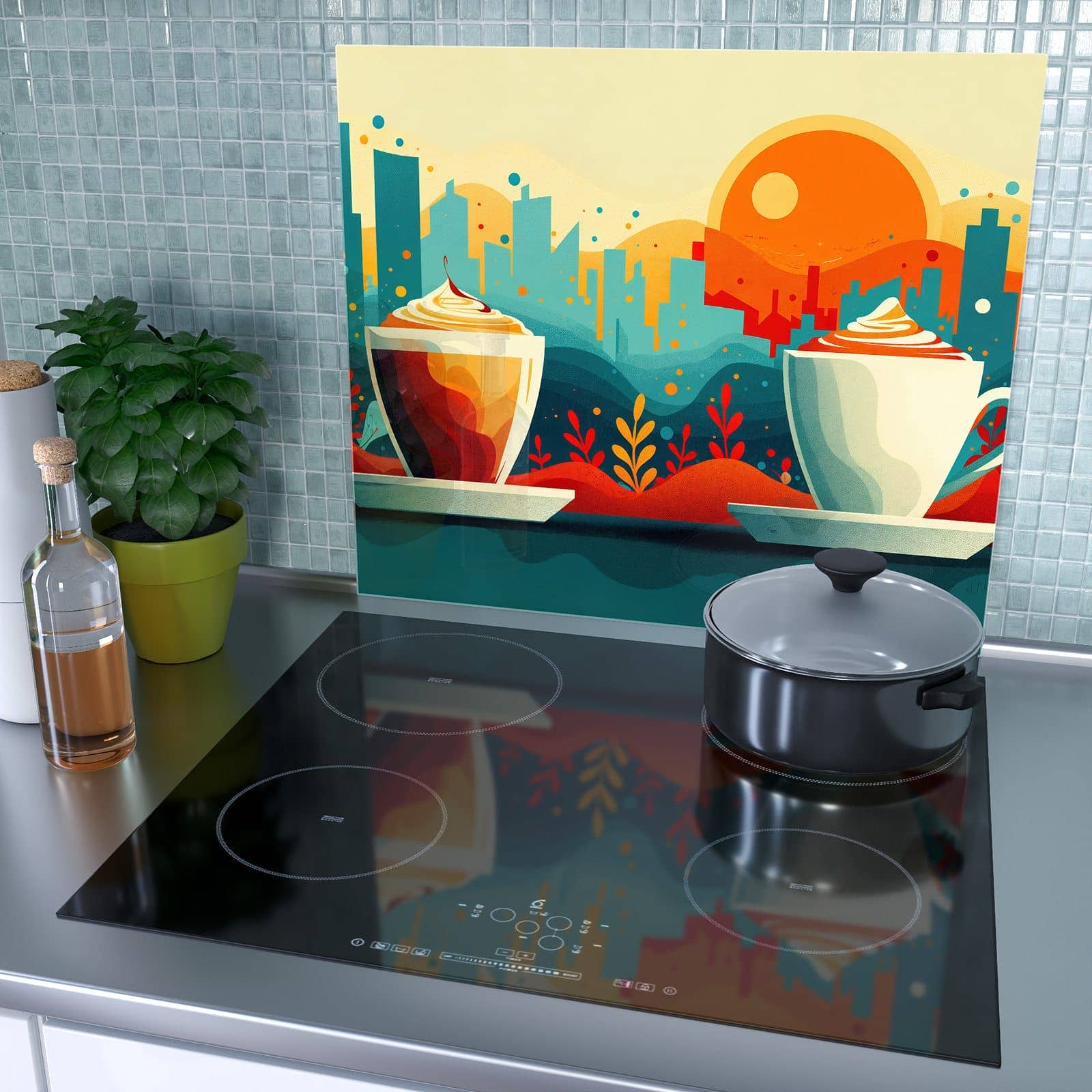 1-teilige Abdeckplatten für Ceranfeld mit Kaffee Am Abend-Motiv als Spritzschutz hinter dem Kochfeld
