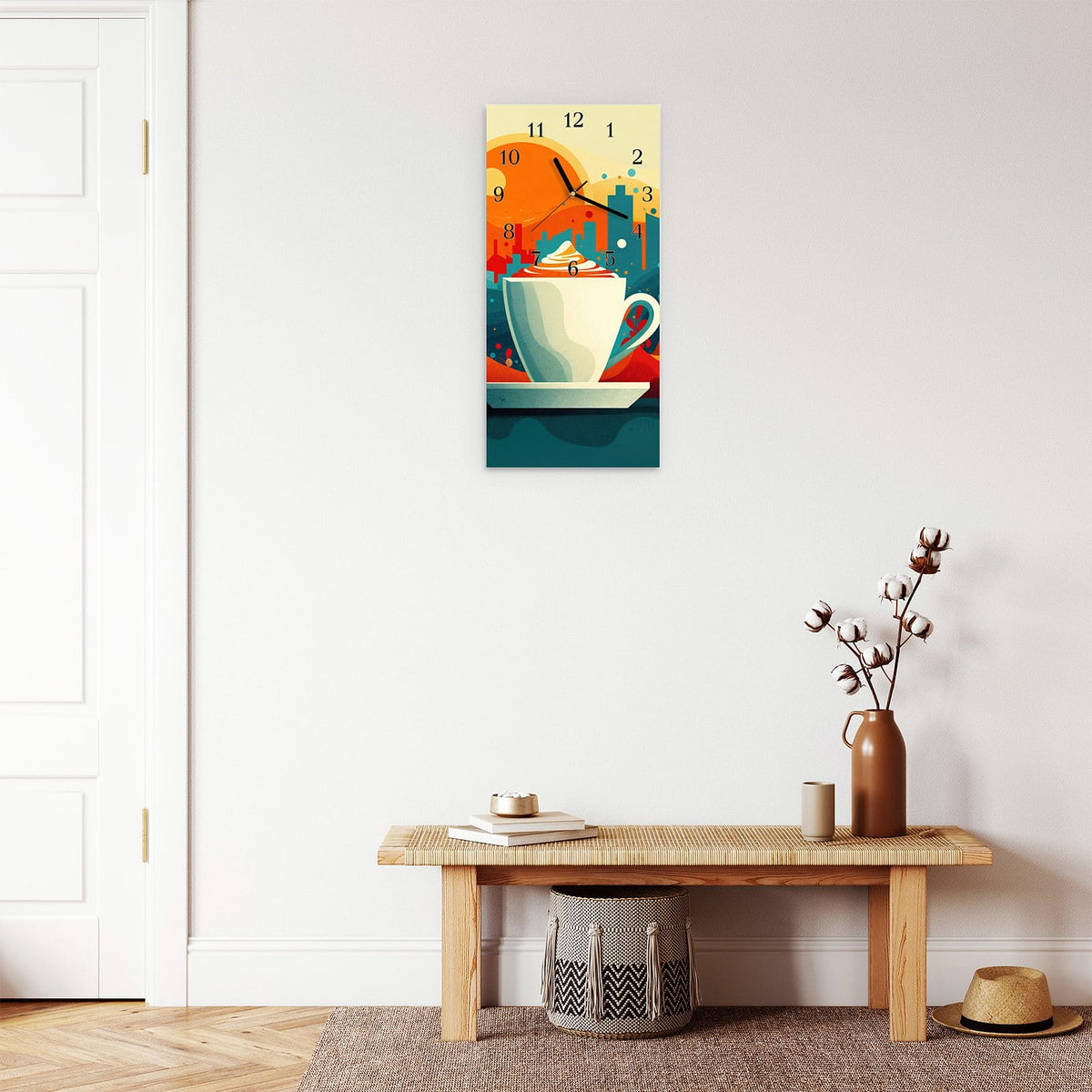 Moderne Wanduhr aus Glas mit Farbtiefe – Wanduhr Kaffee Am Abend aus Glas – Hochformat 30 × 60 cm