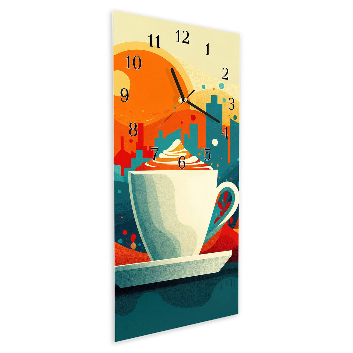 Vormontiert – mit Schwebeeffekt – Wanduhr Kaffee Am Abend aus Glas – Hochformat 30 × 60 cm