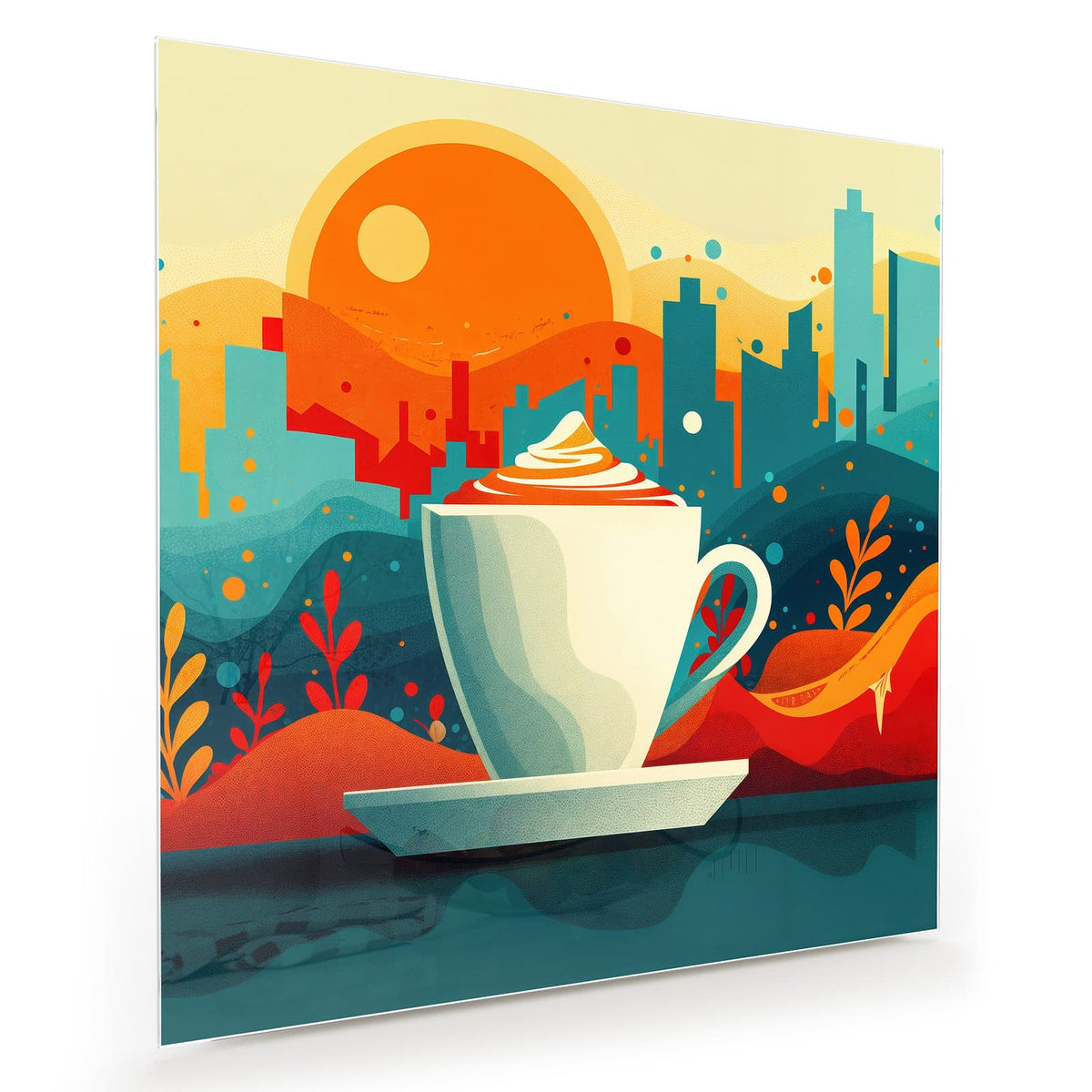 Retro-Illustration: eine Tasse mit Sahnehaube vor Stadtsilhouette und großer oranger Sonne