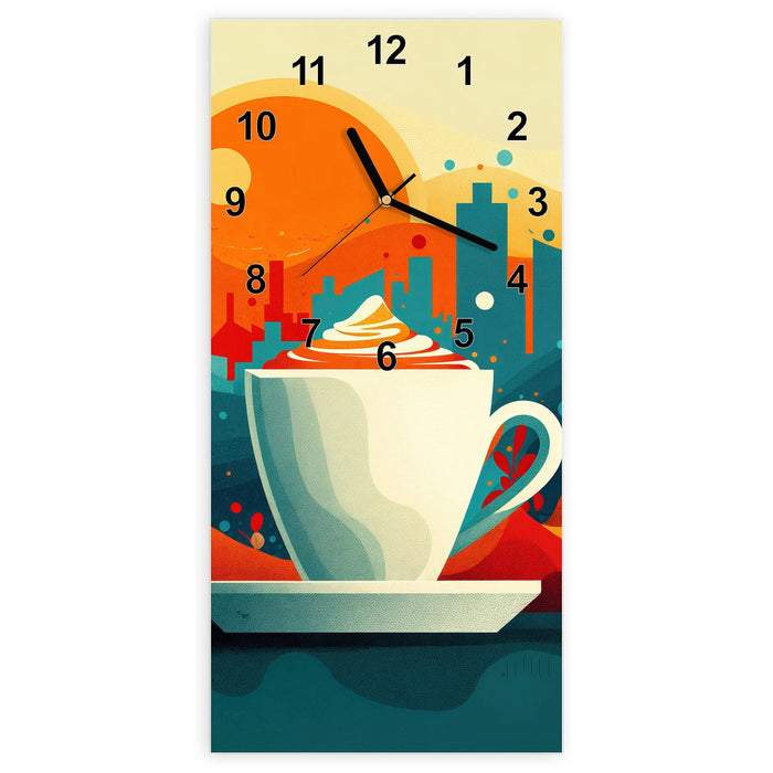 Wanduhr Kaffee Am Abend aus Glas – Hochformat 30 × 60 cm mit Ziffernblatt Modern