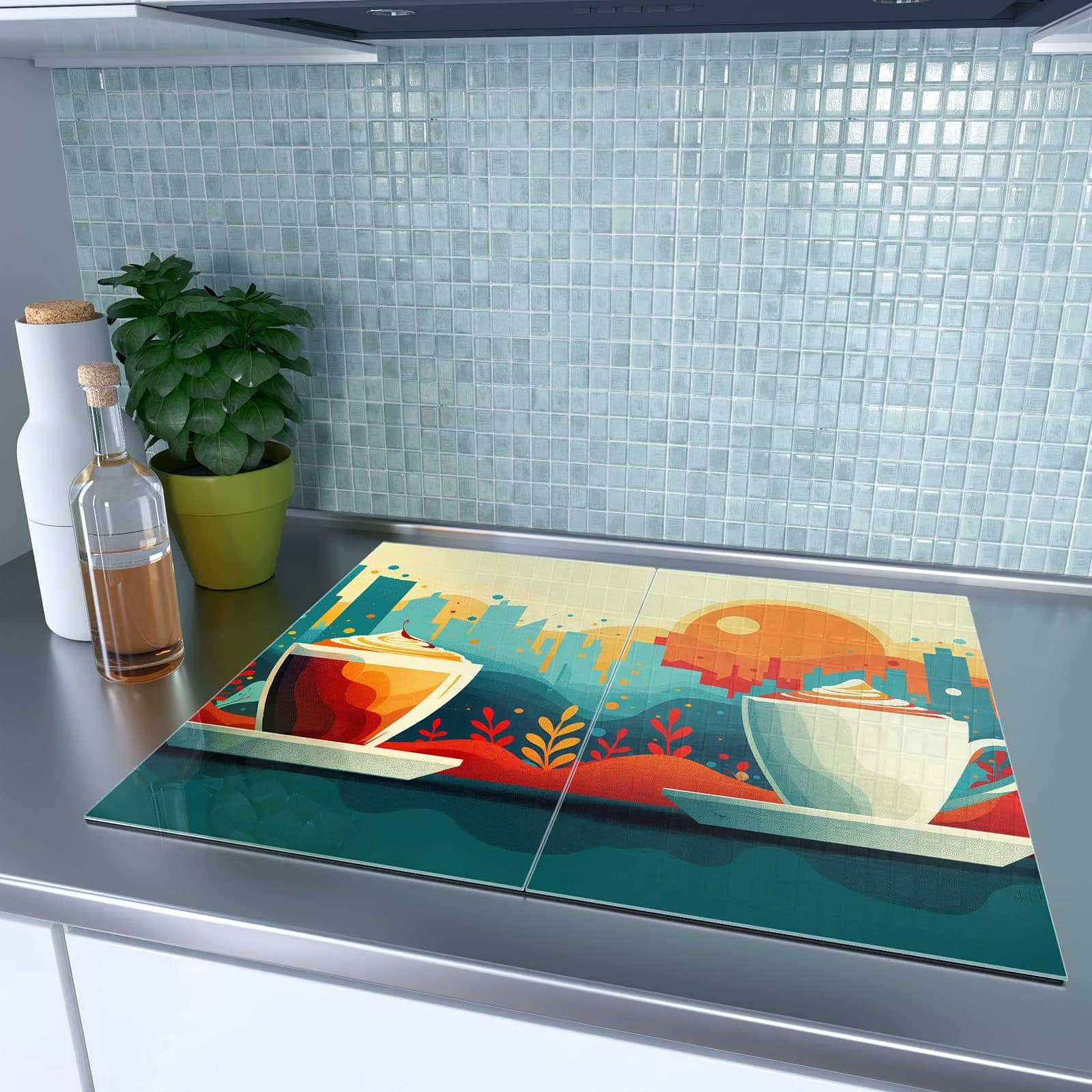 2-teilige Abdeckung für Herdplatten mit Kaffee Am Abend-Motiv auf dem Ceranfeld