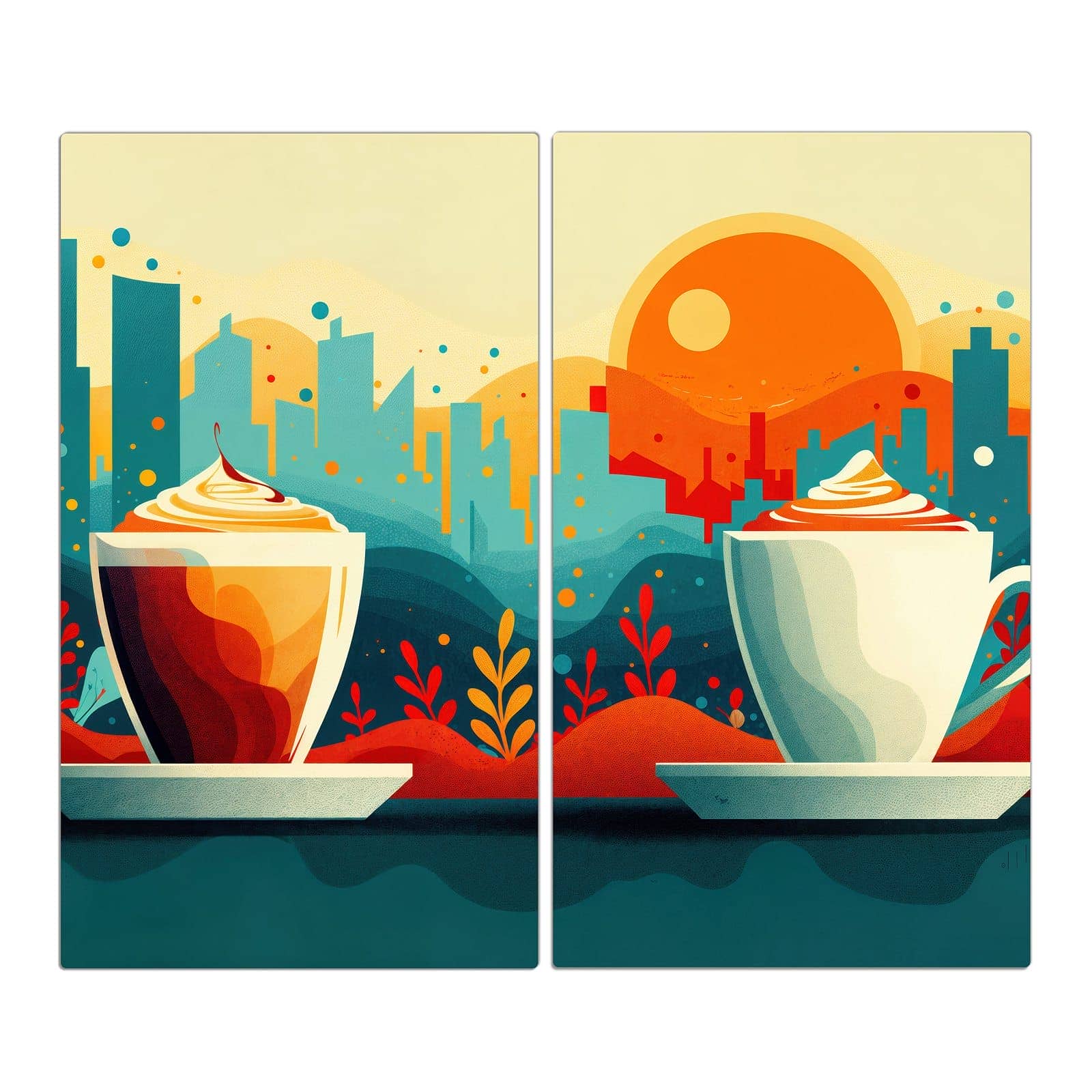 2-teilige Herdabdeckung mit Kaffee Am Abend-Motiv in der Frontansicht #grösse_2-Teilig (60x52cm)