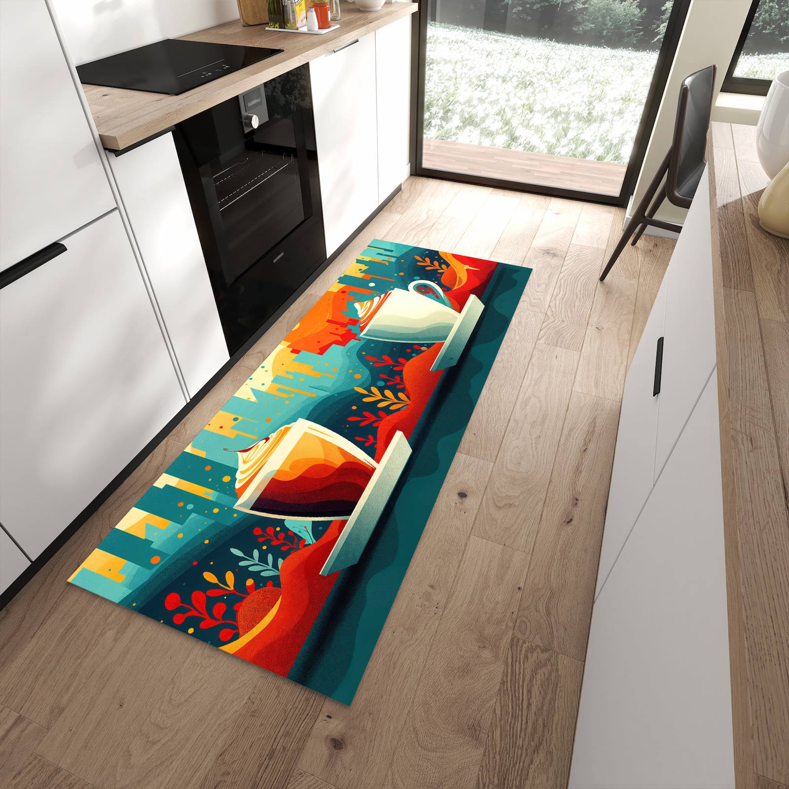 Fleckenresistenter Küchenteppich mit Motiv Kaffee Am Abend in moderner Küche