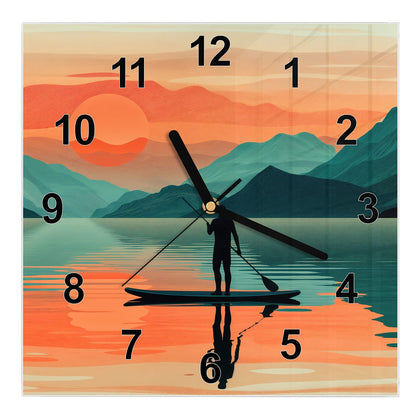 Wanduhr Quadratisch mit dem Motiv Paddler im Abendrot