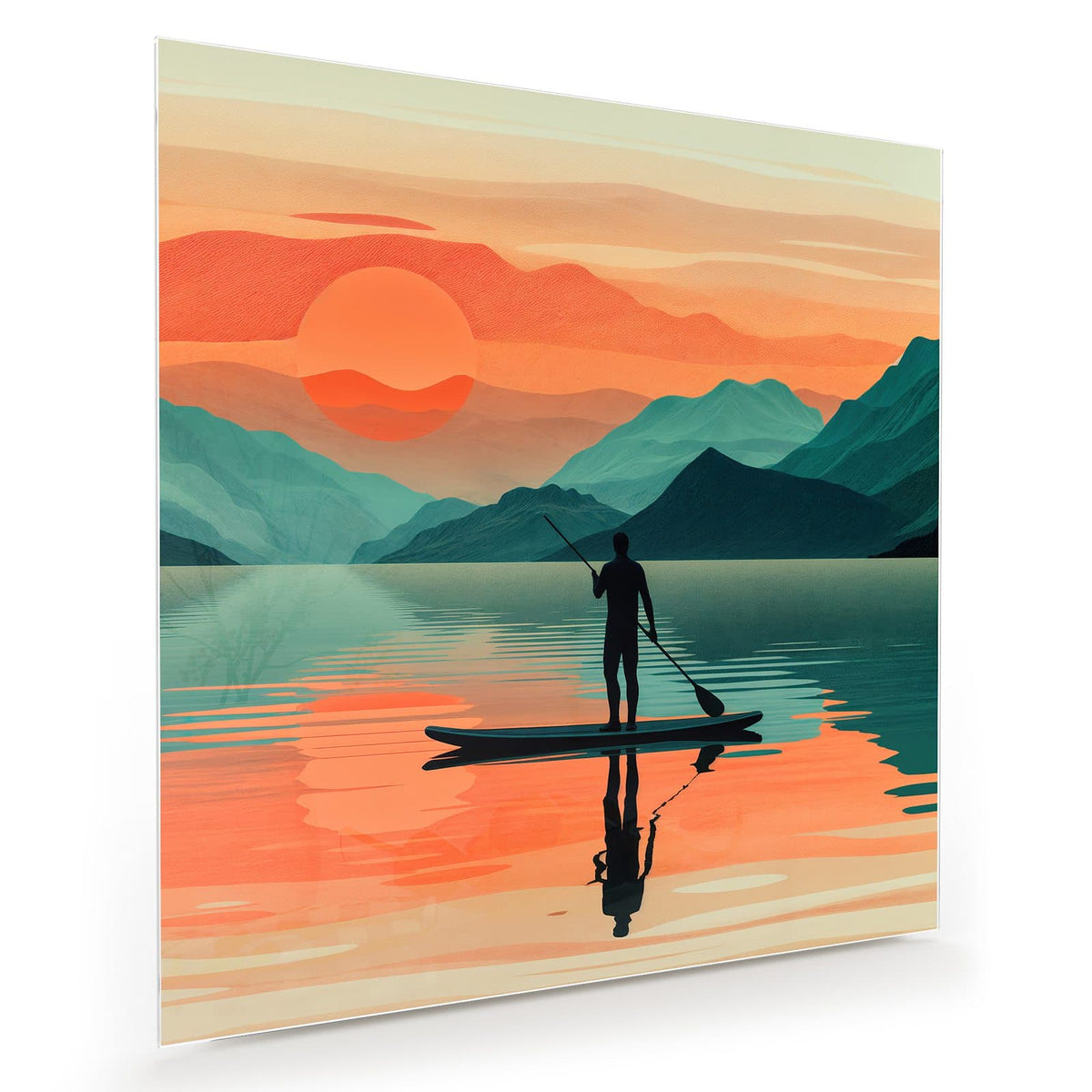 Illustration: Stand-up-Paddler als Silhouette auf spiegelndem See, orange Sonne, Bergketten