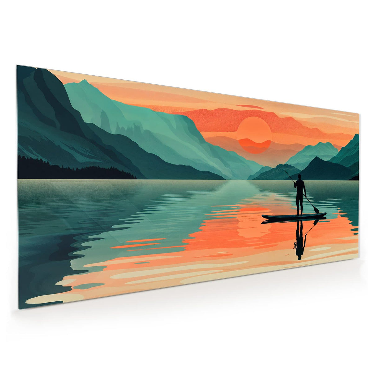 Küchenrückwand aus Glas im Hochformat mit Motiv Paddler im Abendrot: Illustration: Stand-up-Paddler als Silhouette auf spiegelndem See, orange Sonne, Bergketten