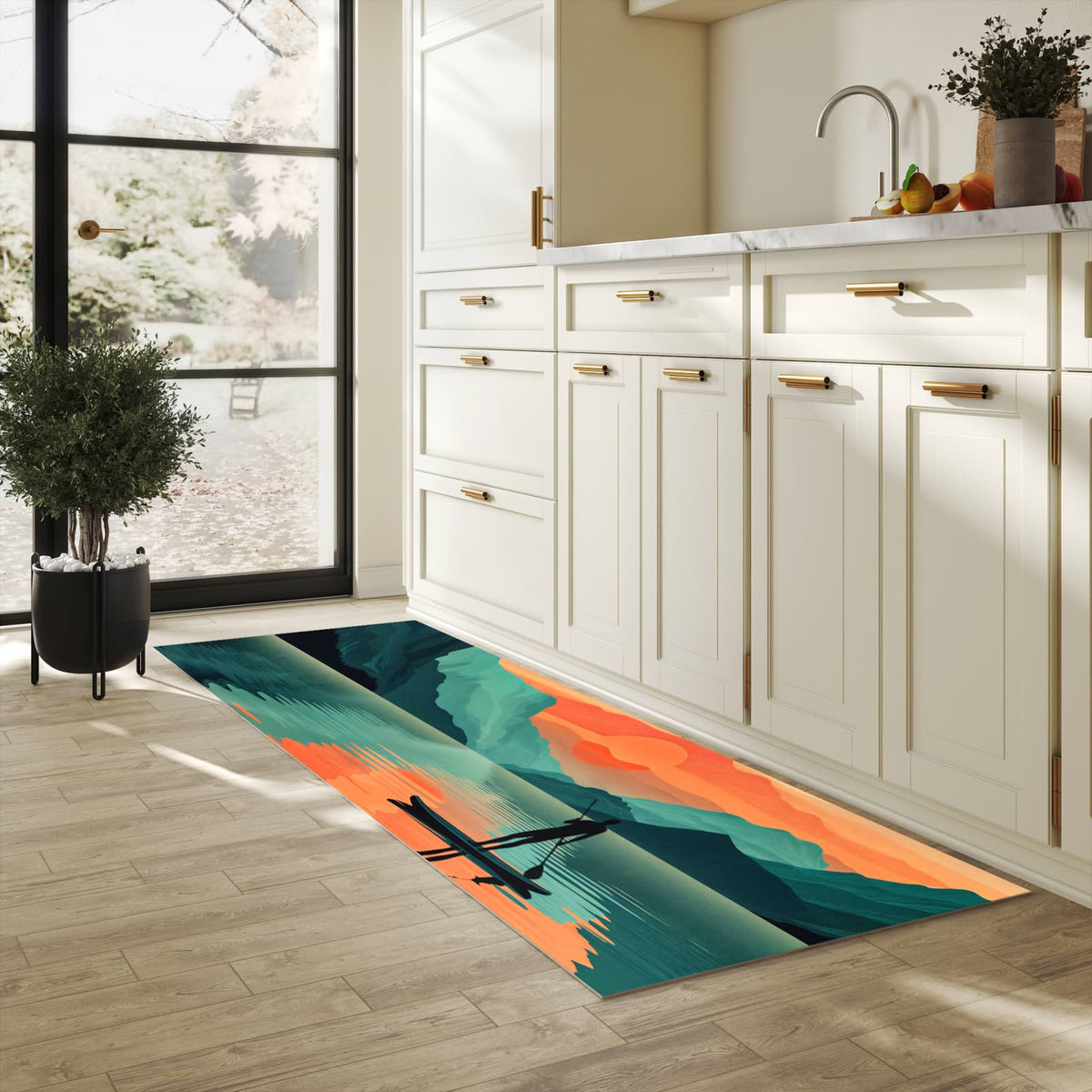 Feuchtigkeitsresistenter Teppich für Küche mit Motiv Sonnenuntergang Paddler in heller Küche
