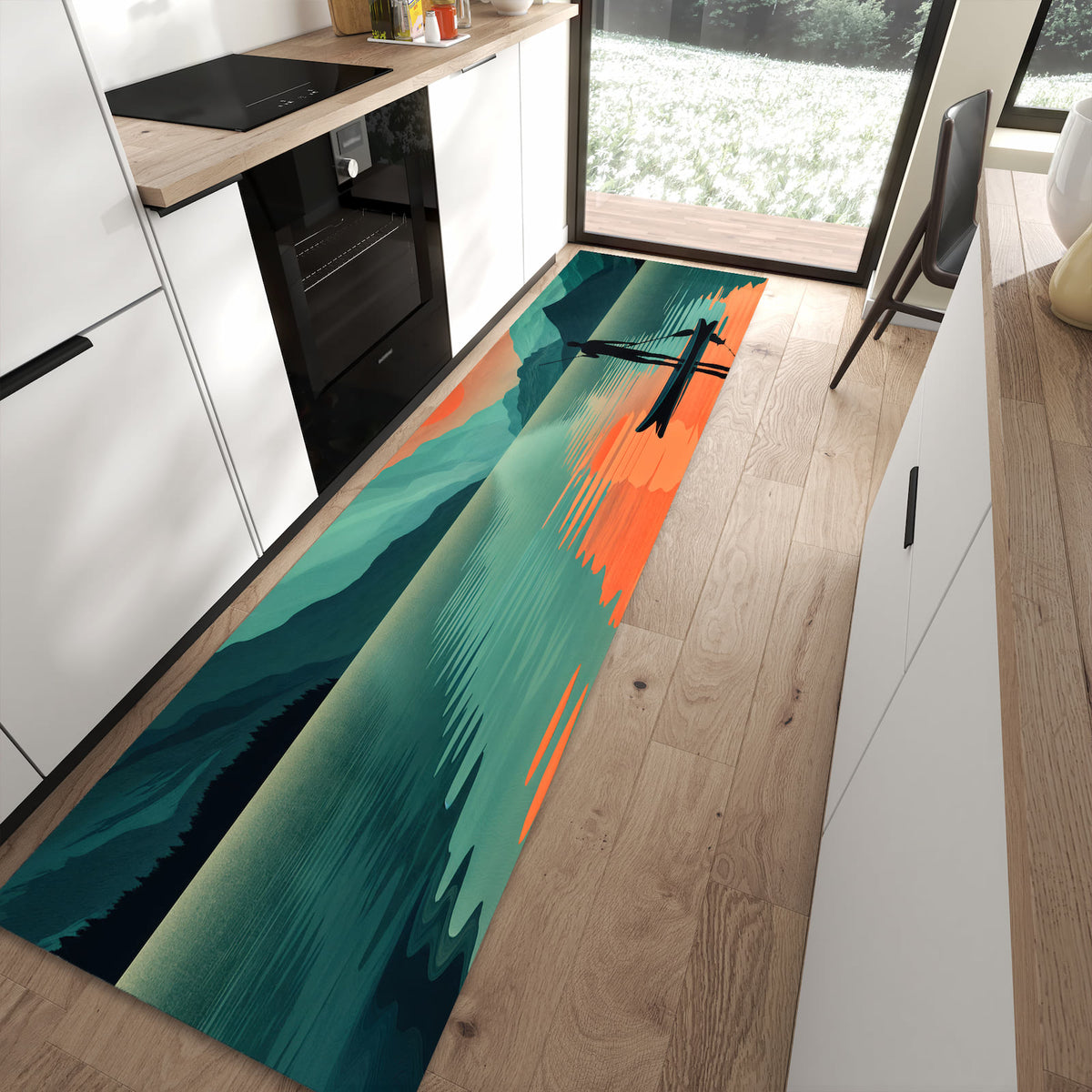 Bodenschonender rutschfester Küchenläufer mit Motiv Sonnenuntergang Paddler in moderner Küche
