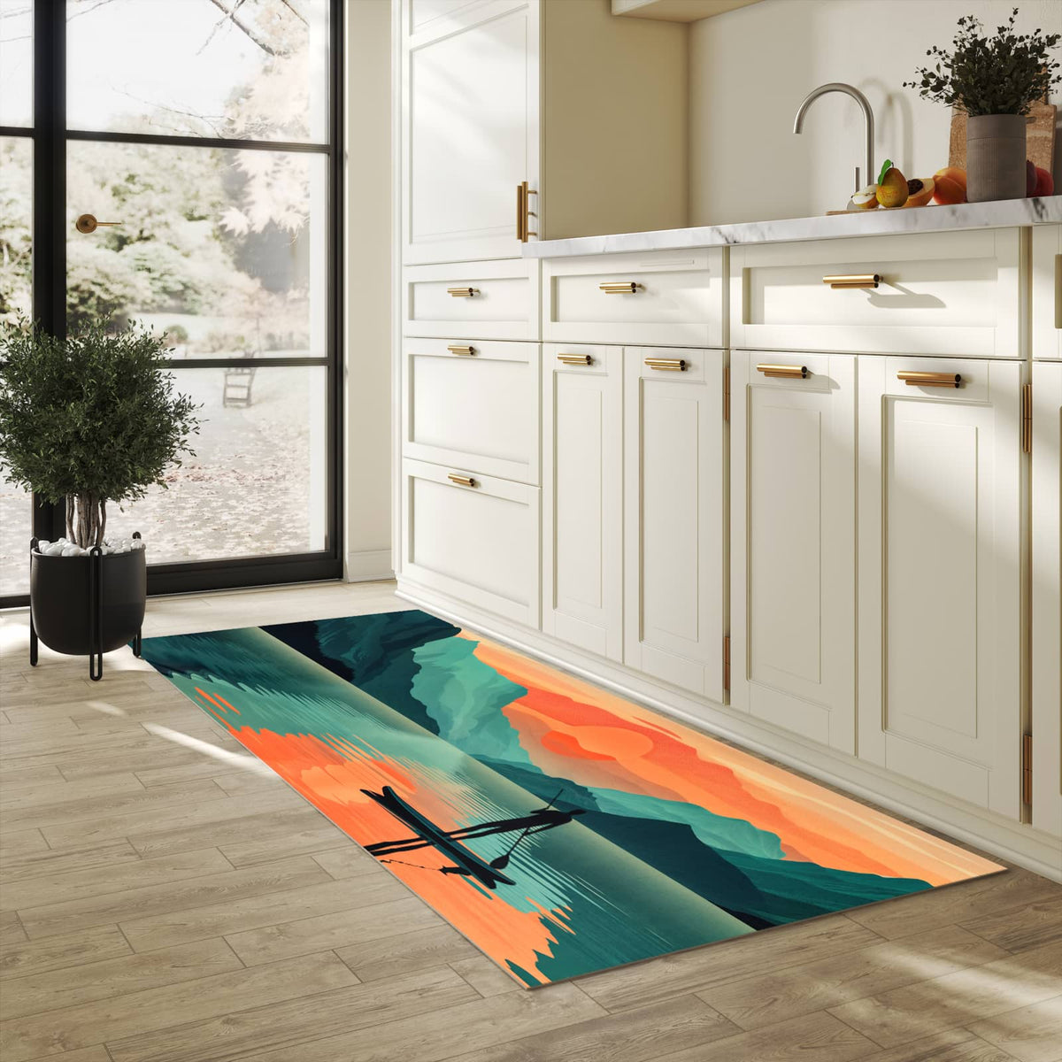 Farbbeständiger Küchenteppich mit Motiv Sonnenuntergang Paddler in heller Küche