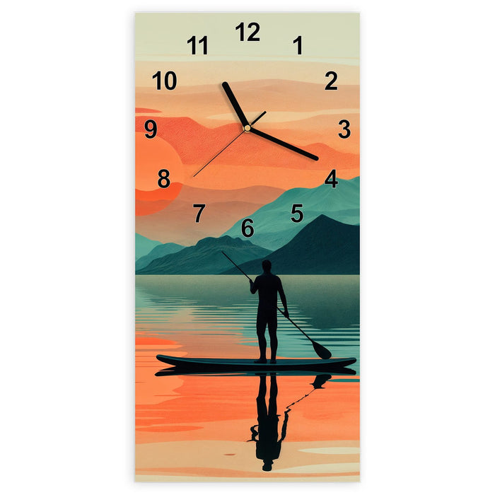Wanduhr Sonnenuntergang Paddler aus Glas – Hochformat 30 × 60 cm mit Ziffernblatt Modern