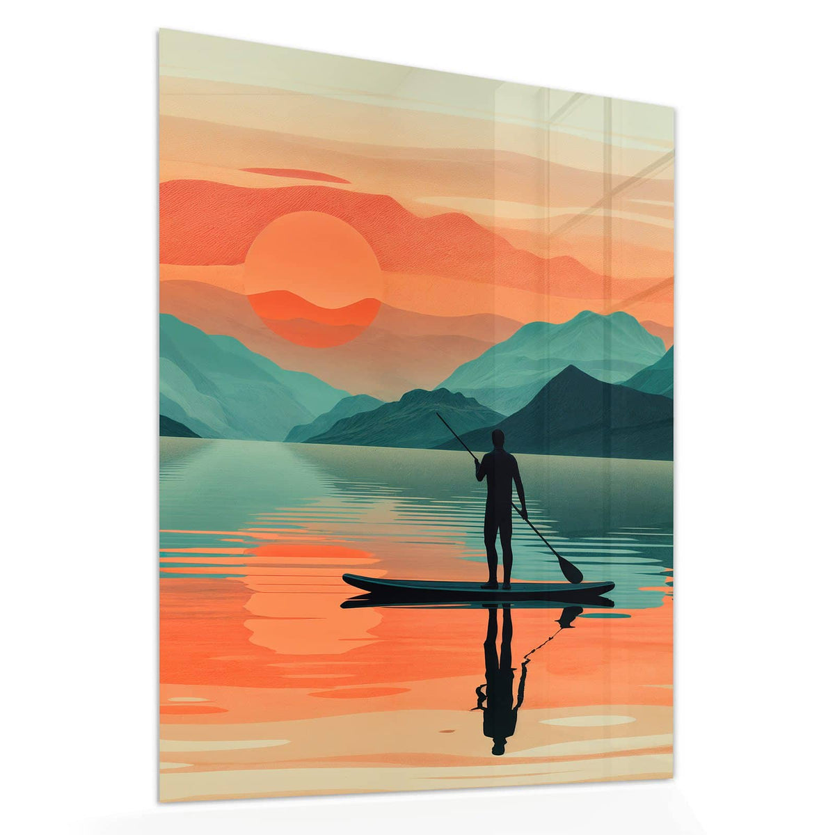 Echtglas, 4 mm – kein Acryl, keine Folie – Wandbild - Paddler im Abendrot - Hochformat