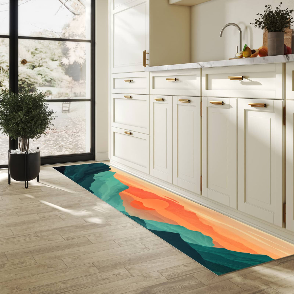 Abwaschbarer Küchenteppich mit Motiv Sonnenuntergang Paddler in heller Küche