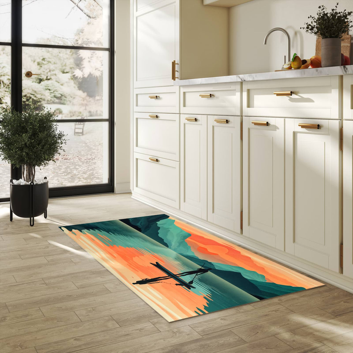 Bodenschonender Küchenteppich mit Motiv Sonnenuntergang Paddler in heller Küche