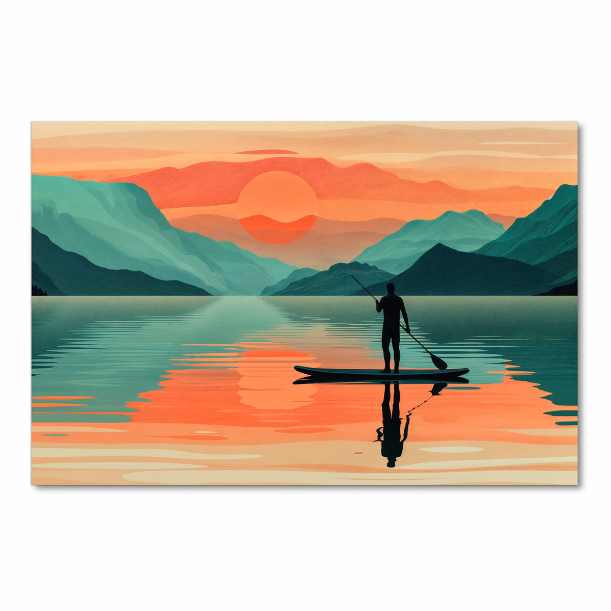 Farbbeständiger dünner Küchenteppich mit Motiv Sonnenuntergang Paddler in Frontansicht, waschbar