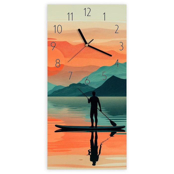 Wanduhr Sonnenuntergang Paddler aus Glas – Hochformat 30 × 60 cm mit Ziffernblatt Elegant