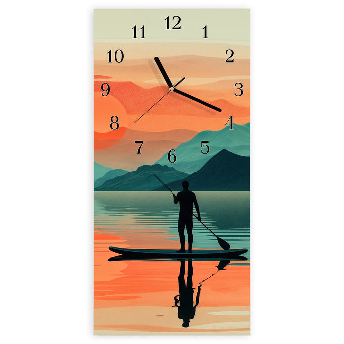 Wanduhr Sonnenuntergang Paddler aus Glas – Hochformat 30 × 60 cm mit Ziffernblatt Klassisch