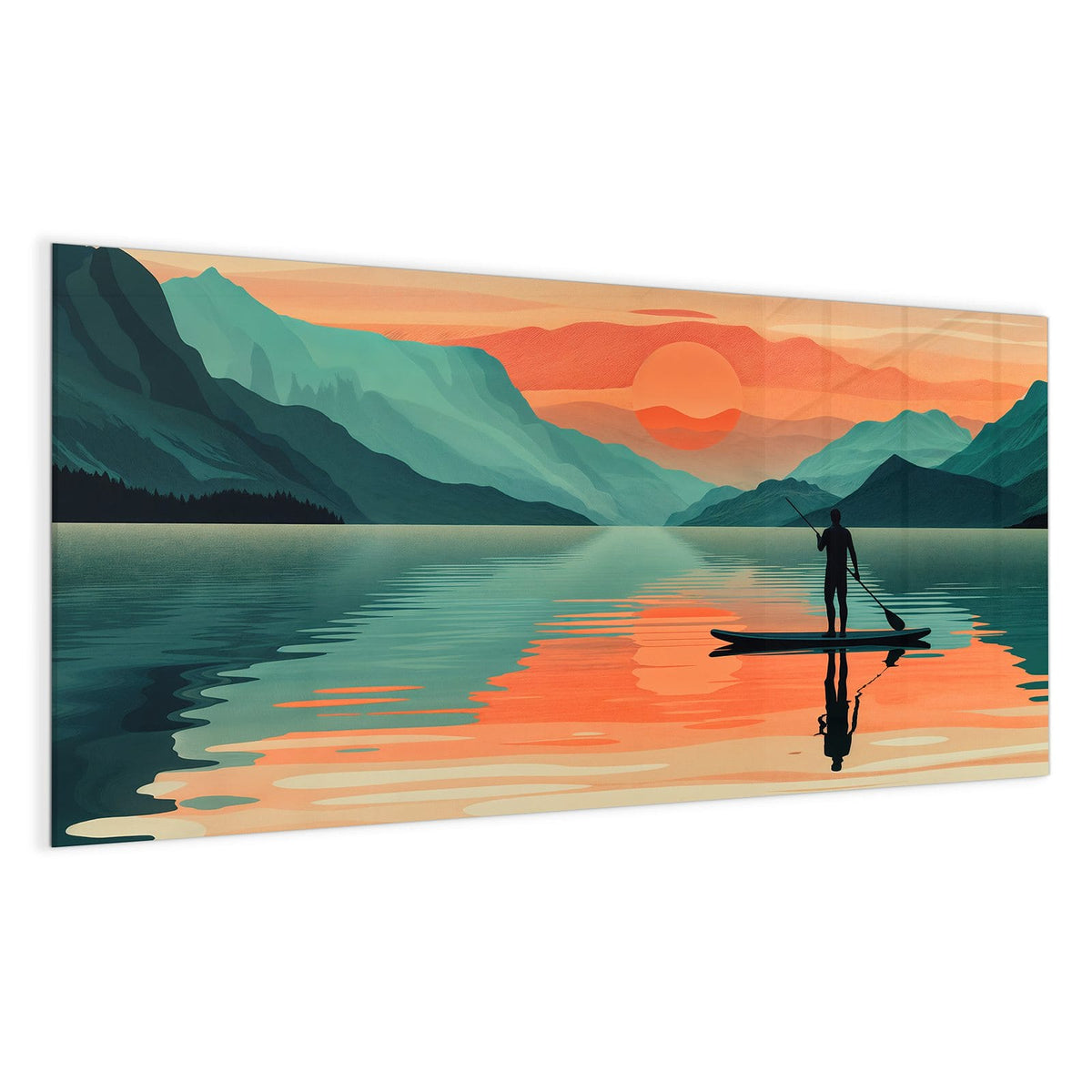 Illustration: Stand-up-Paddler als Silhouette auf spiegelndem See, orange Sonne, Bergketten