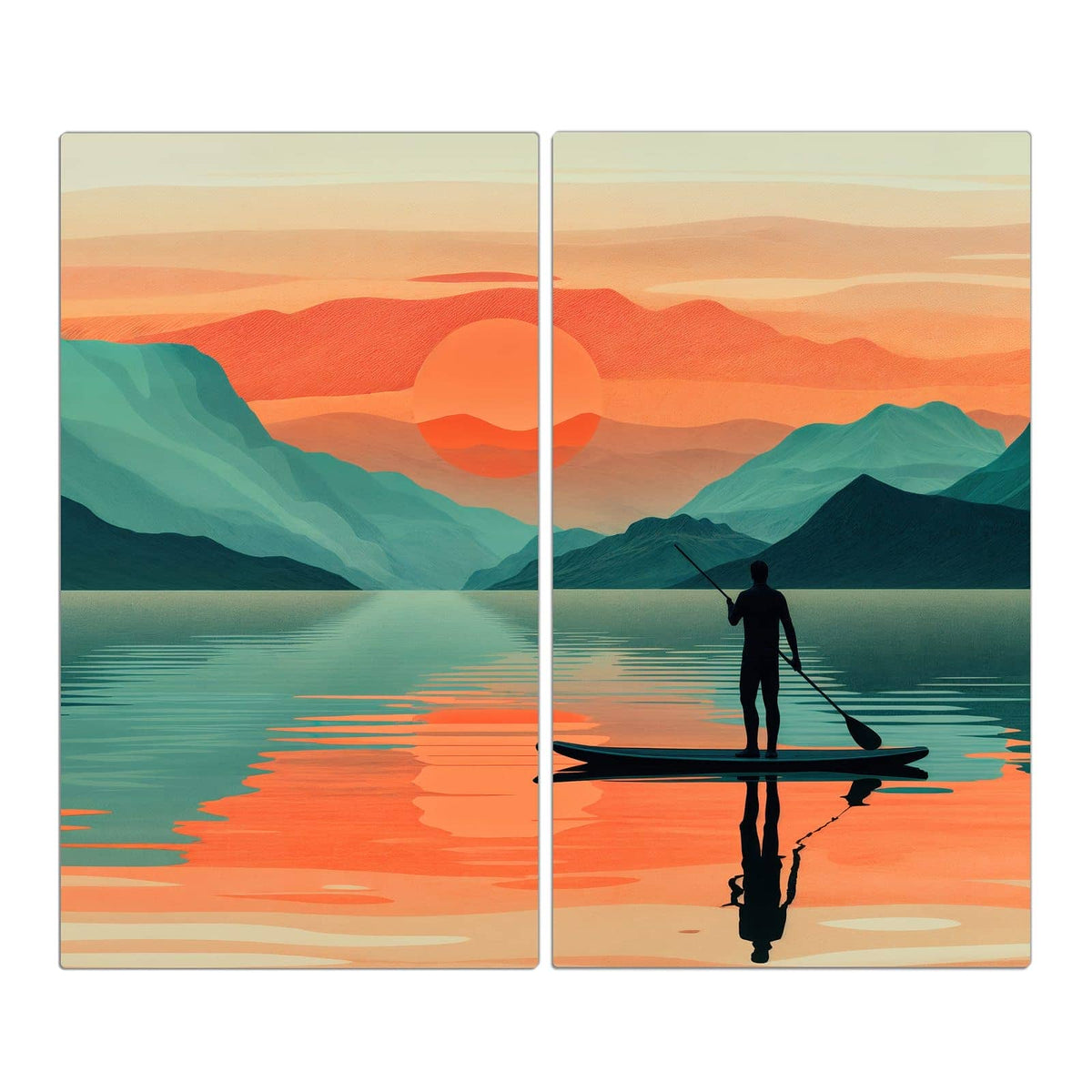 Illustration: Stand-up-Paddler als Silhouette auf spiegelndem See, orange Sonne, Bergketten