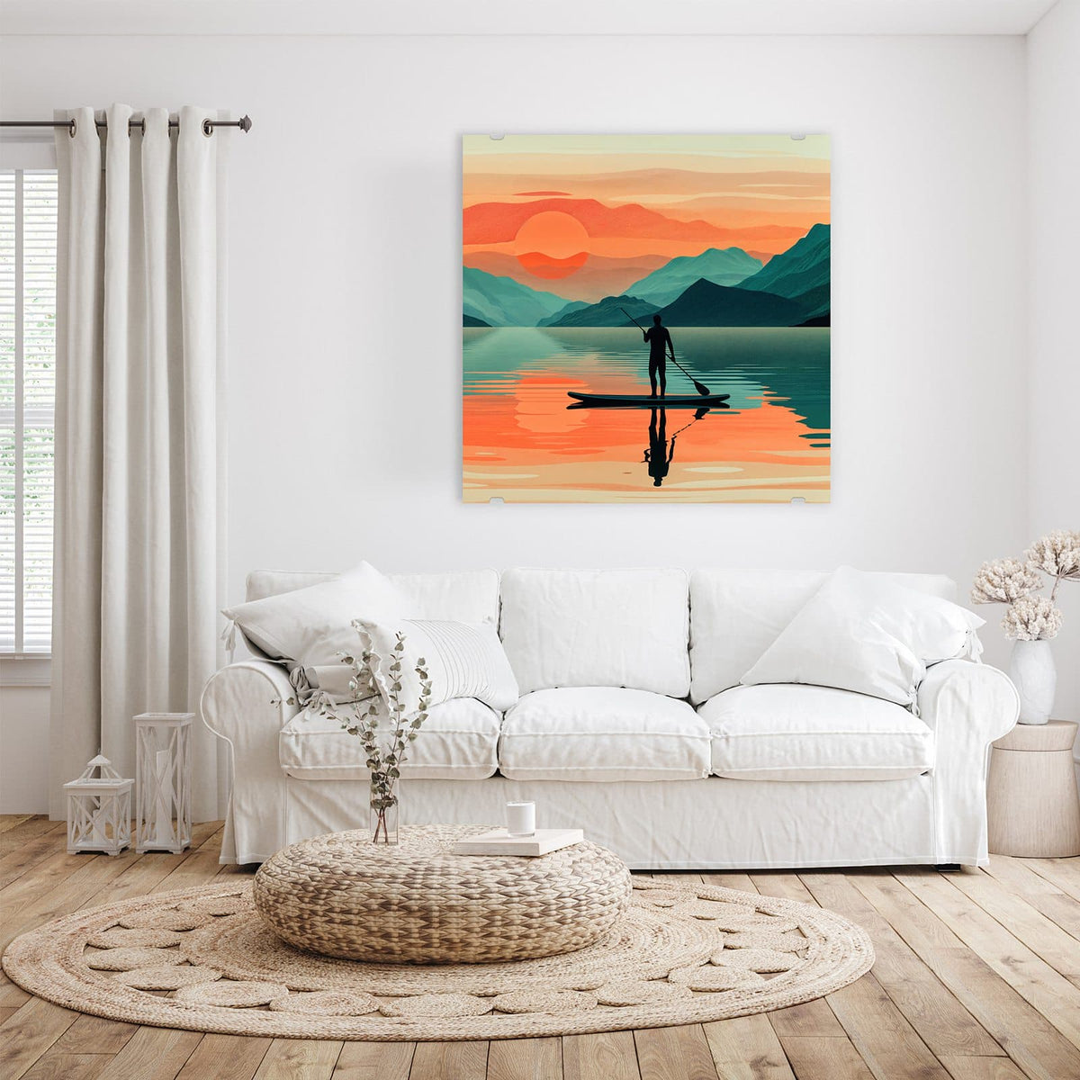 Glasbild Paddler im Abendrot an der Wand – Illustration: Stand-up-Paddler als Silhouette auf spiegelndem See, orange Sonne, Bergketten