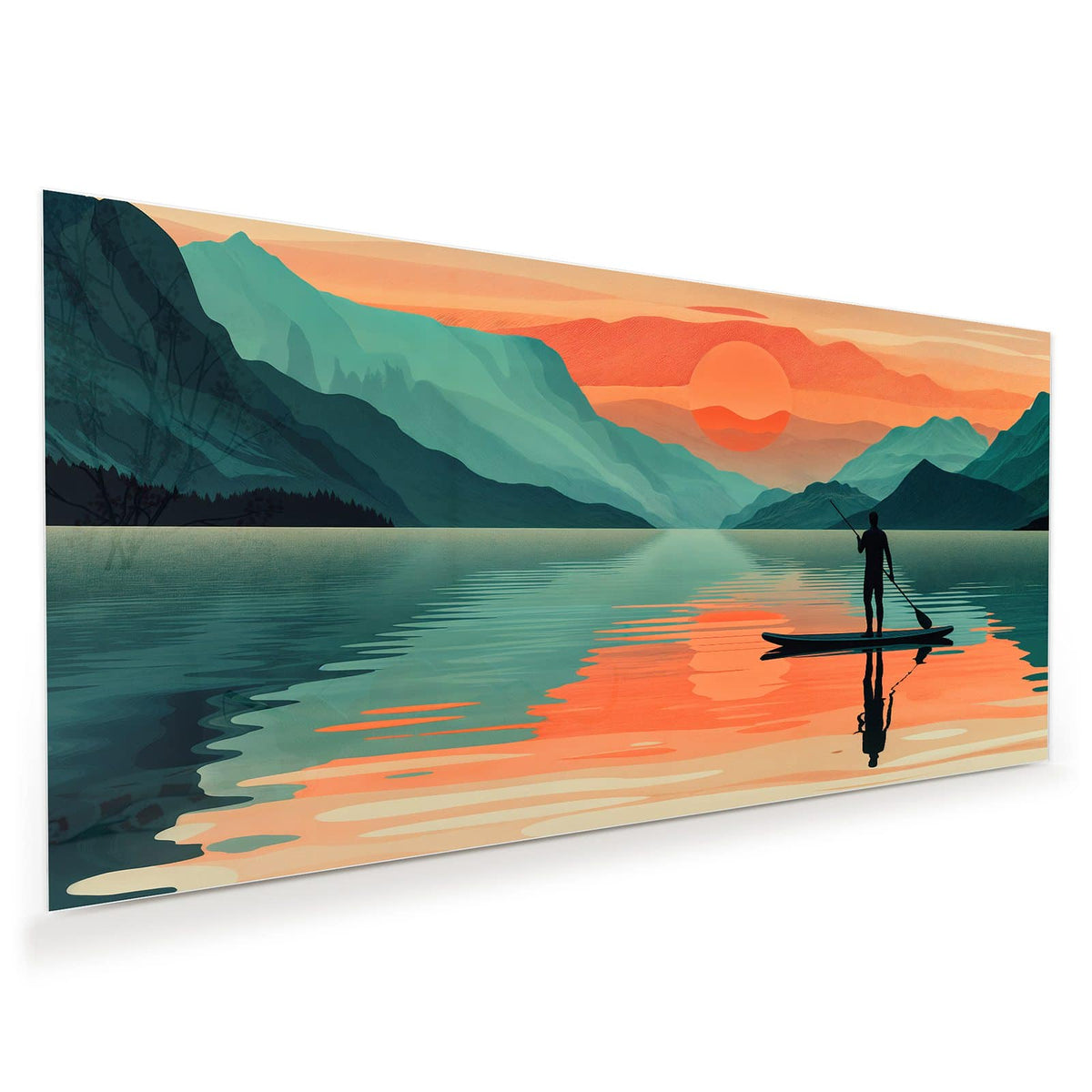 Illustration: Stand-up-Paddler als Silhouette auf spiegelndem See, orange Sonne, Bergketten