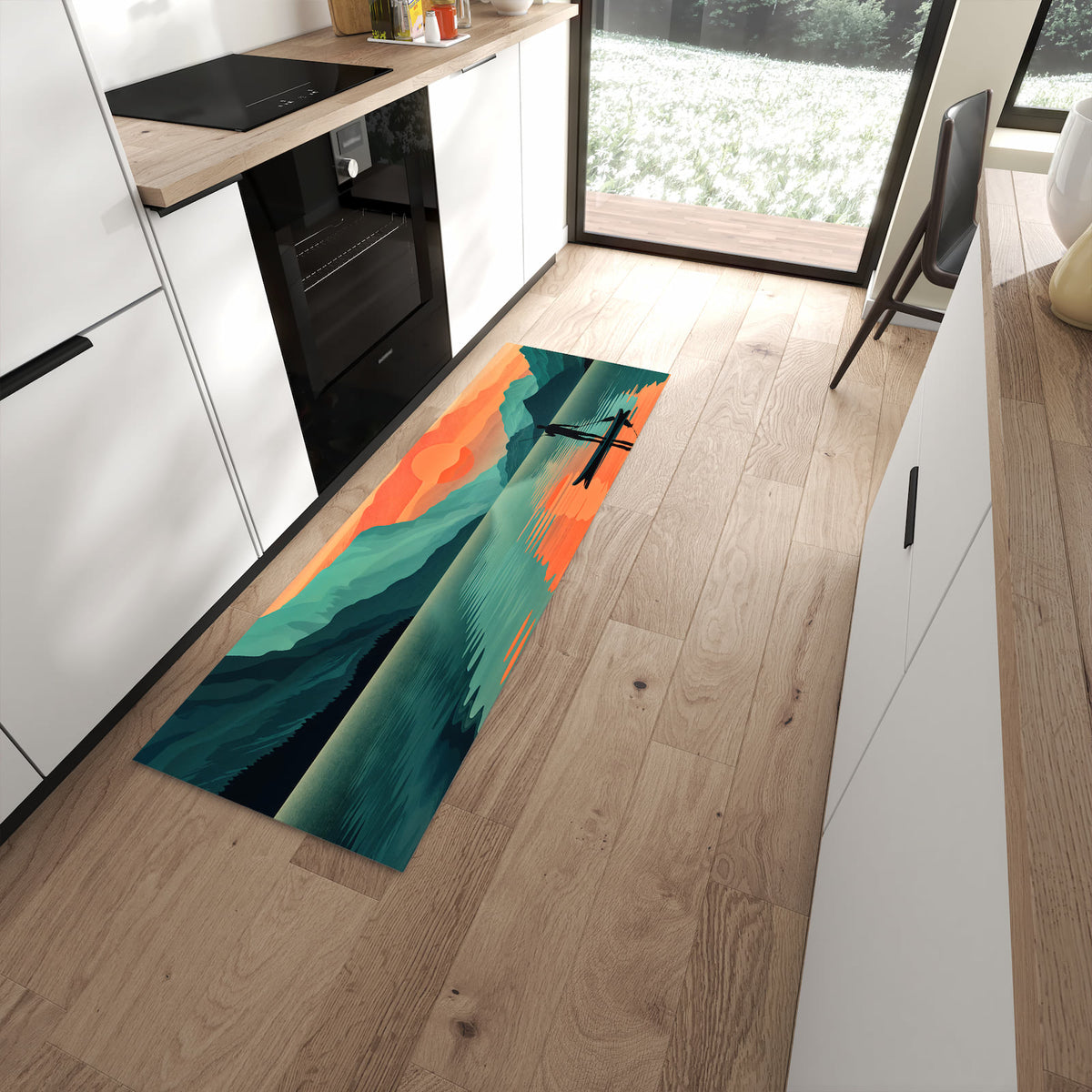 Hygienischer Küchenteppich mit Motiv Sonnenuntergang Paddler in moderner Küche - waschbar