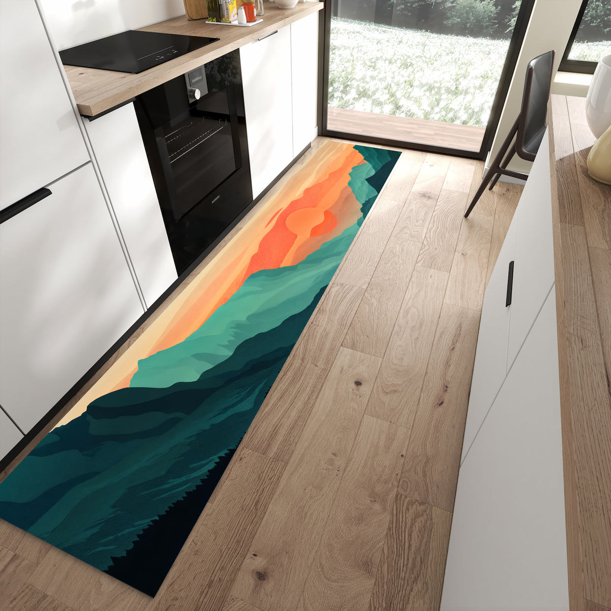 Langlebiger Küchenläufer mit Motiv Sonnenuntergang Paddler in moderner Küche