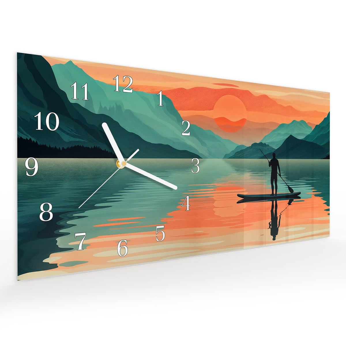 Vormontiert – mit Schwebeeffekt – Wanduhr Paddler im Abendrot aus Glas – Querformat 60 × 30 cm
