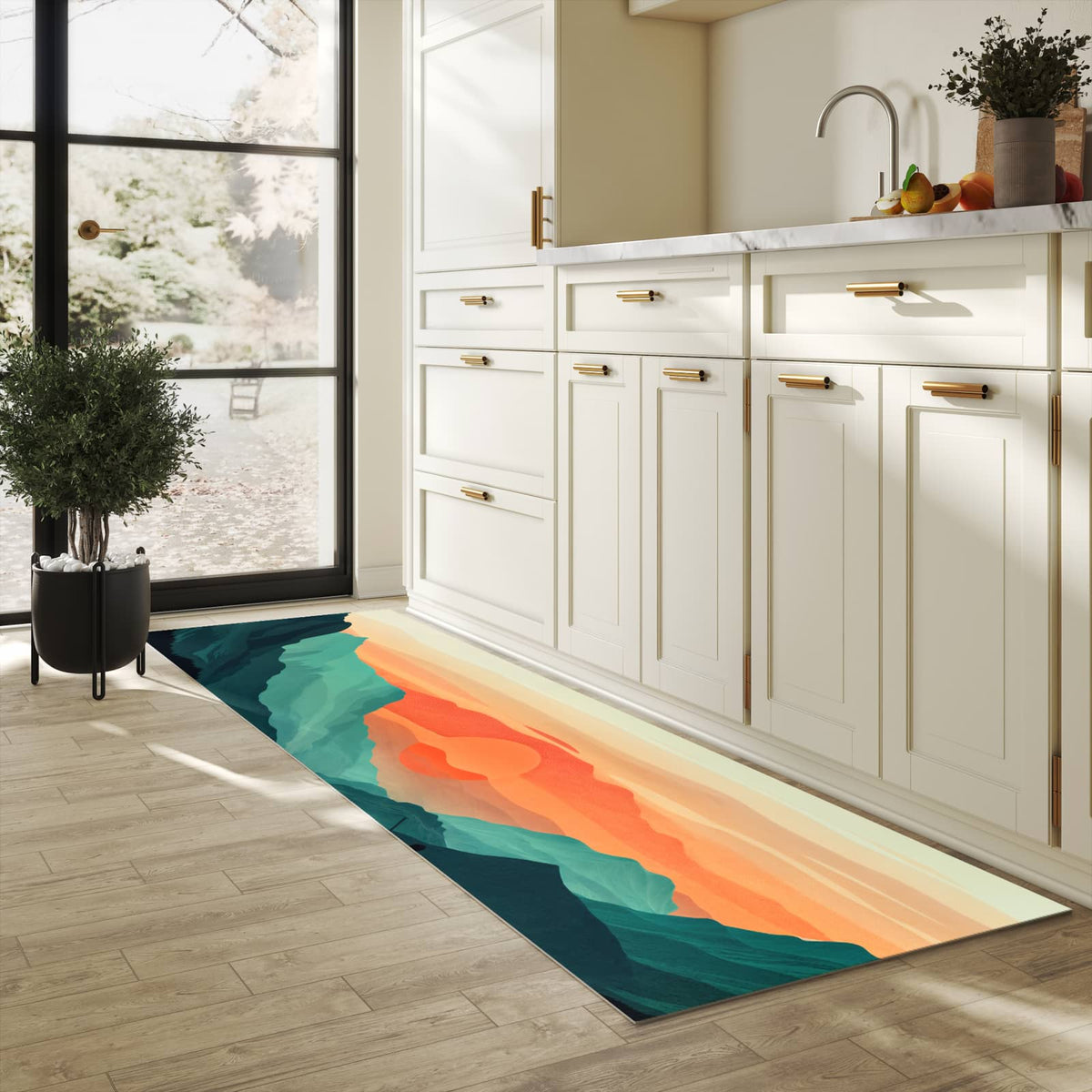 Bodenschonender Küchenteppich mit Motiv Sonnenuntergang Paddler in heller Küche