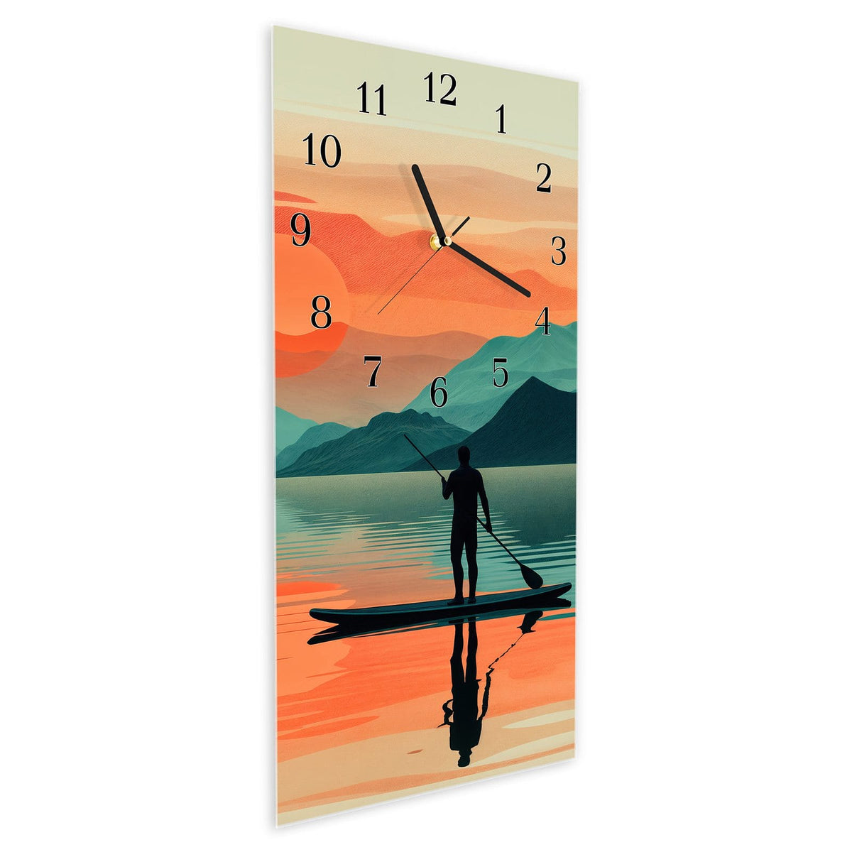 Vormontiert – mit Schwebeeffekt – Wanduhr Sonnenuntergang Paddler aus Glas – Hochformat 30 × 60 cm