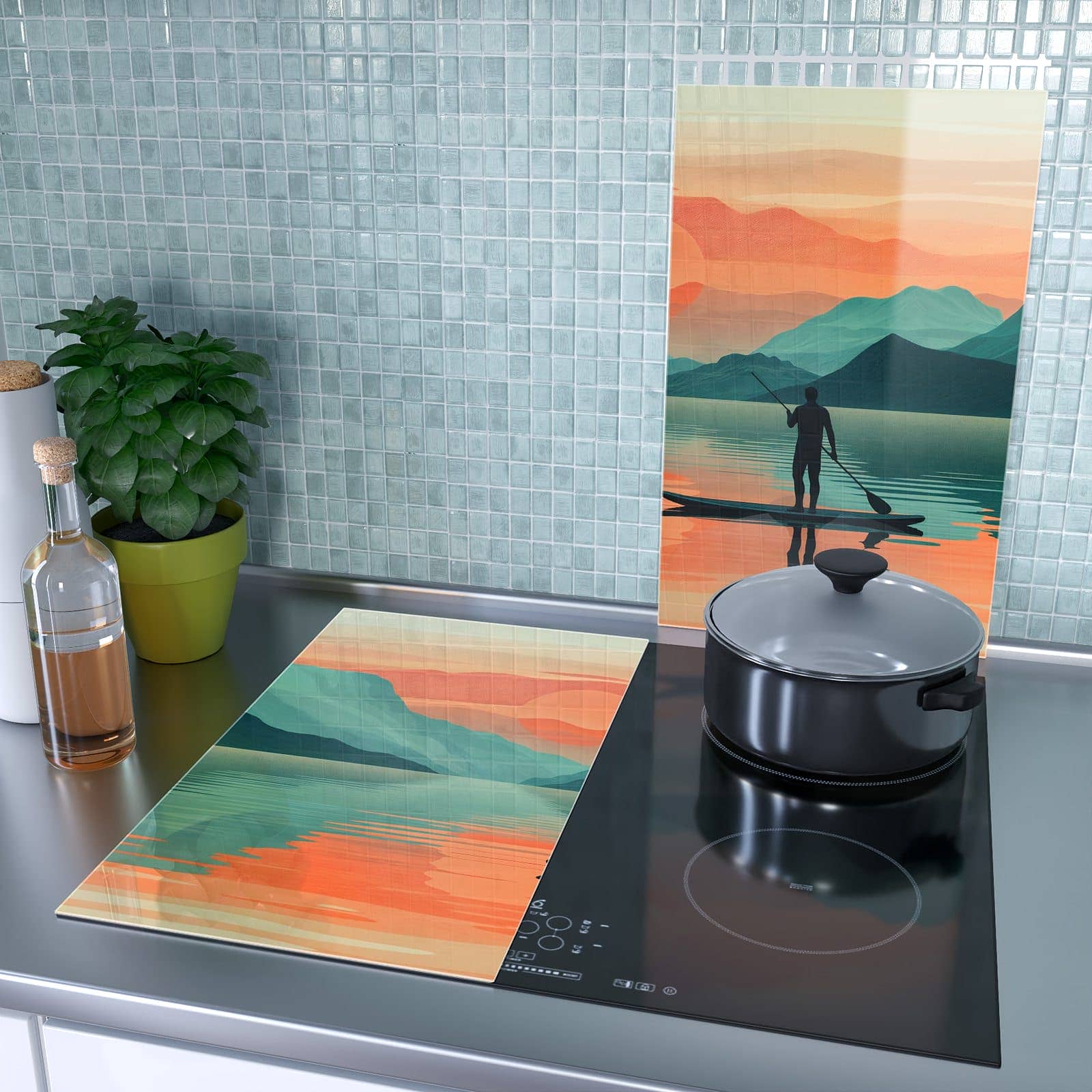2-teilige Abdeckplatten für Herd mit Sonnenuntergang Paddler-Motiv als Spritzschutz hinter dem Kochfeld