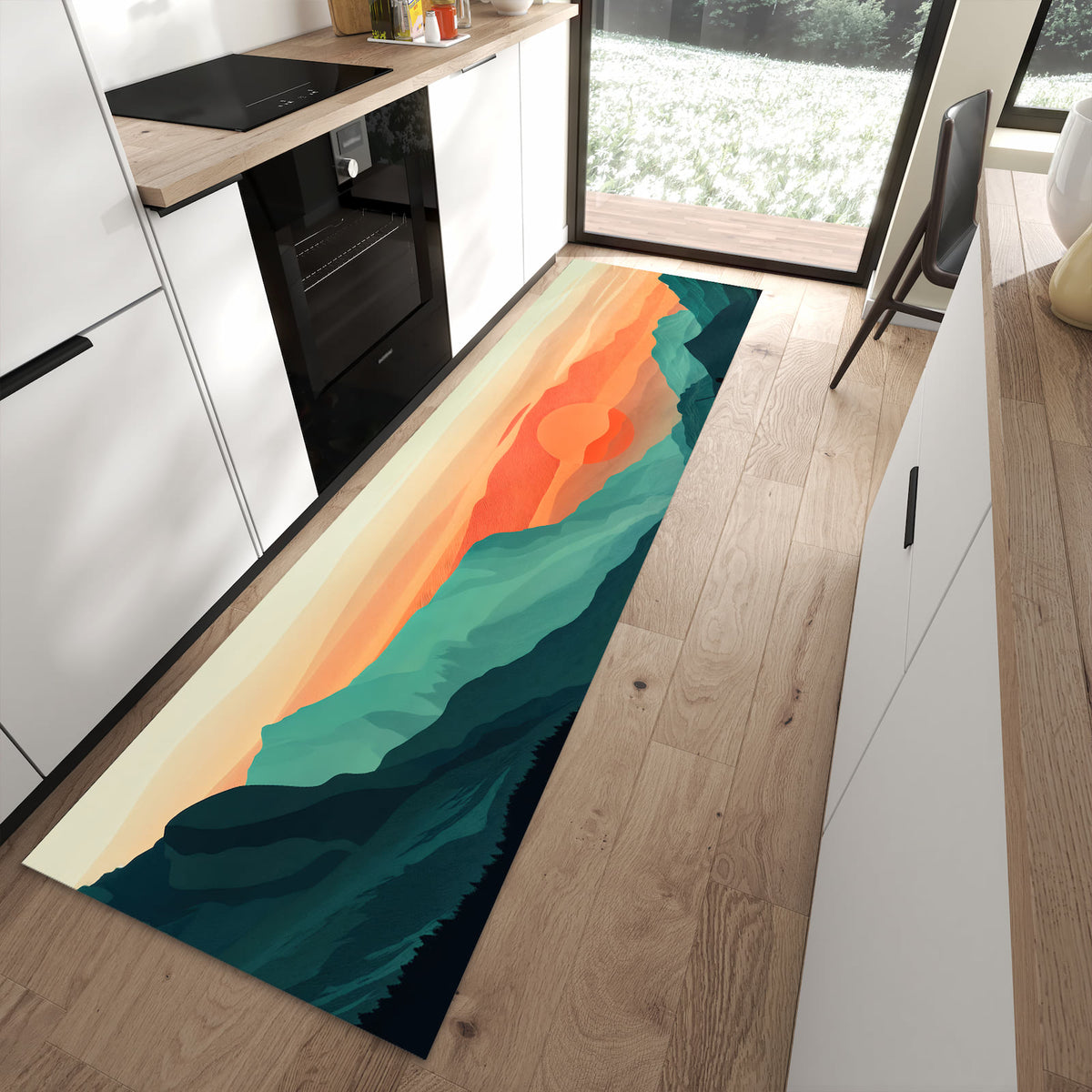 Waschbarer Küchenläufer mit Motiv Sonnenuntergang Paddler für Ordnung in moderner Küche