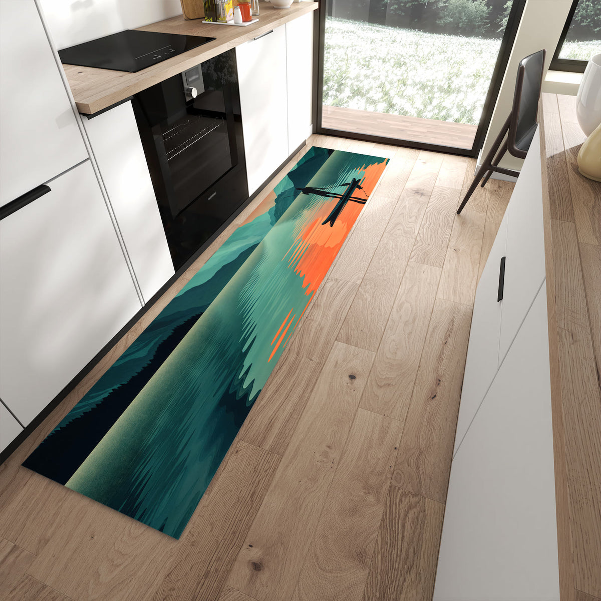 Waschbarer Küchenläufer mit Motiv Sonnenuntergang Paddler in moderner Küche