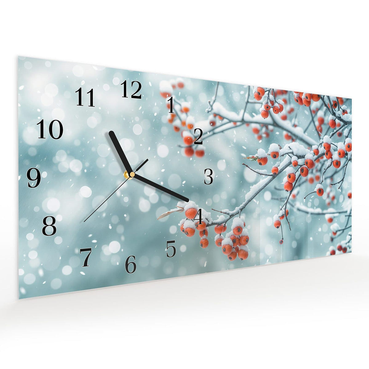 Vormontiert – mit Schwebeeffekt – Wanduhr Beeren im Schnee aus Glas – Querformat 60 × 30 cm