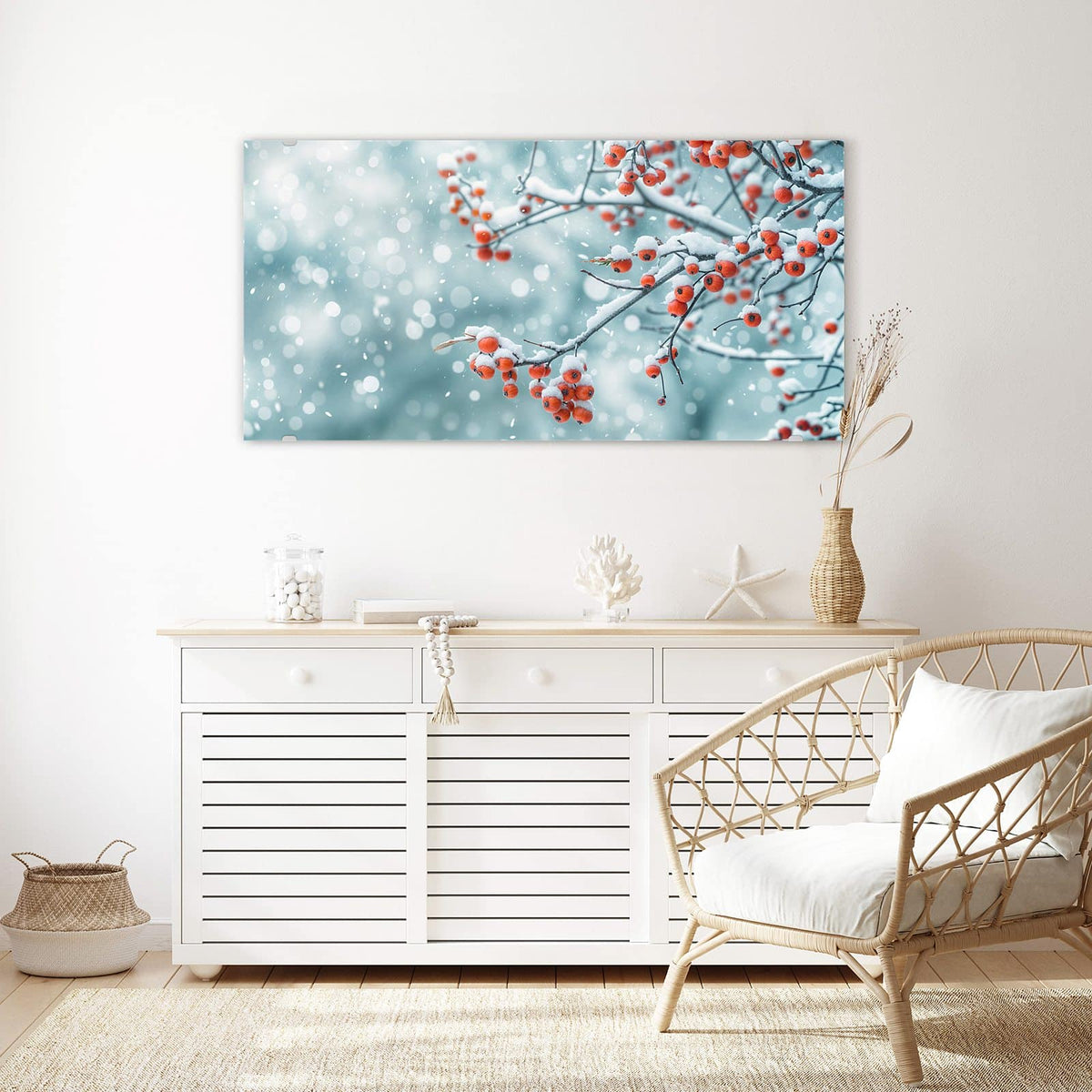 Echtglas, 4 mm – kein Acryl, keine Folie – Wandbild - Beeren im Schnee - Querformat