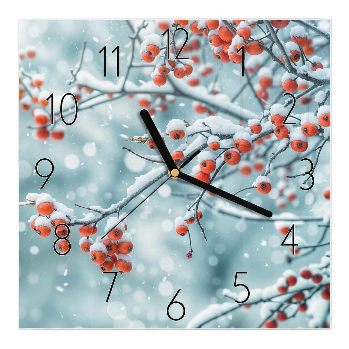 Wanduhr aus Glas, Ziffernblatt Elegant: Orangerote Beeren an schneebedeckten Zweigen, Schneeflocken fallen vor hellblauem Grund #ziffernblatt_Elegant