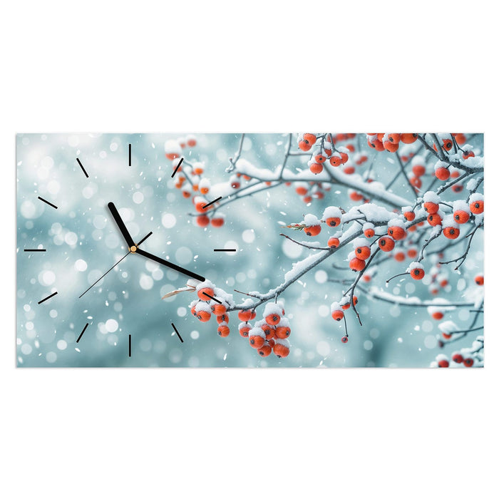 Wanduhr Beeren im Schnee aus Glas – Querformat 60 × 30 cm mit Ziffernblatt Linie