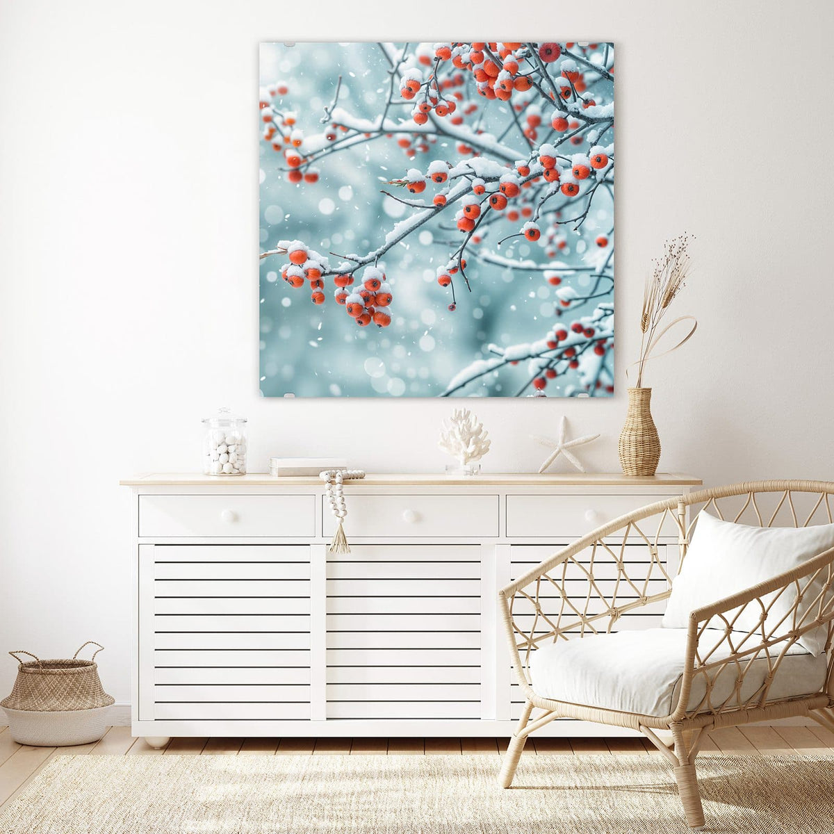 Echtglas, 4 mm – kein Acryl, keine Folie – Wandbild - Beeren im Schnee - Quadratisch