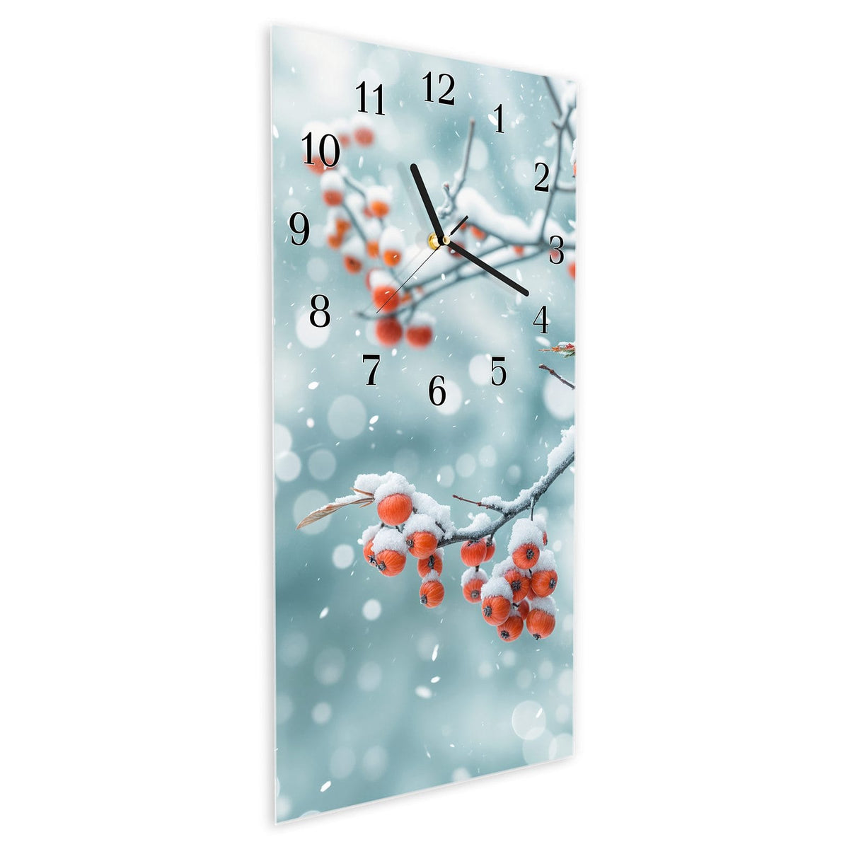 Vormontiert – mit Schwebeeffekt – Wanduhr Beeren im Schnee aus Glas – Hochformat 30 × 60 cm